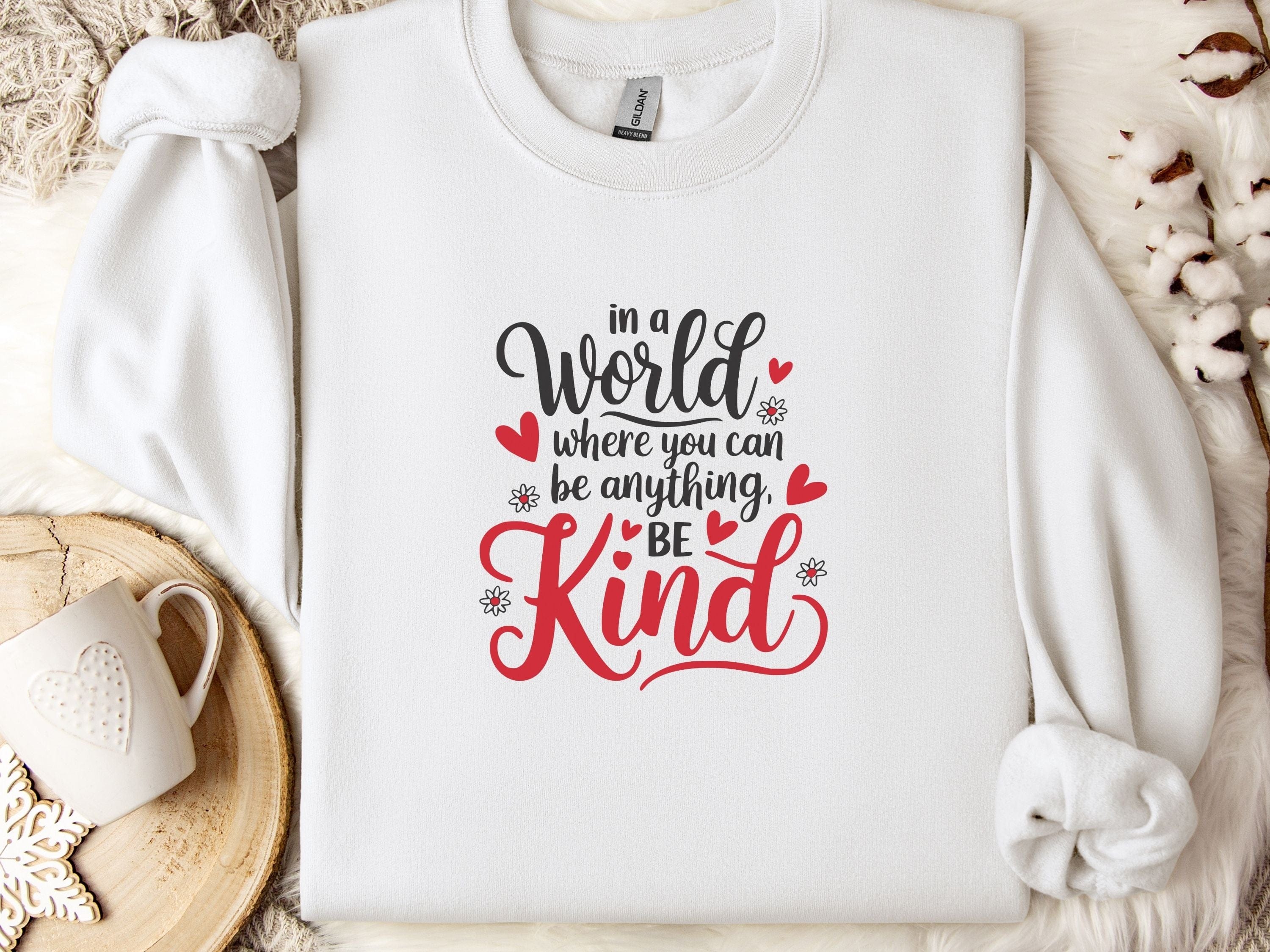 In A World Where You Can Be Anything Be Kind Love Hearts Sweatshirt-White-Neurodiversity, ADHD & Autism Awareness & Acceptance Sweatshirt by Daily Bloom