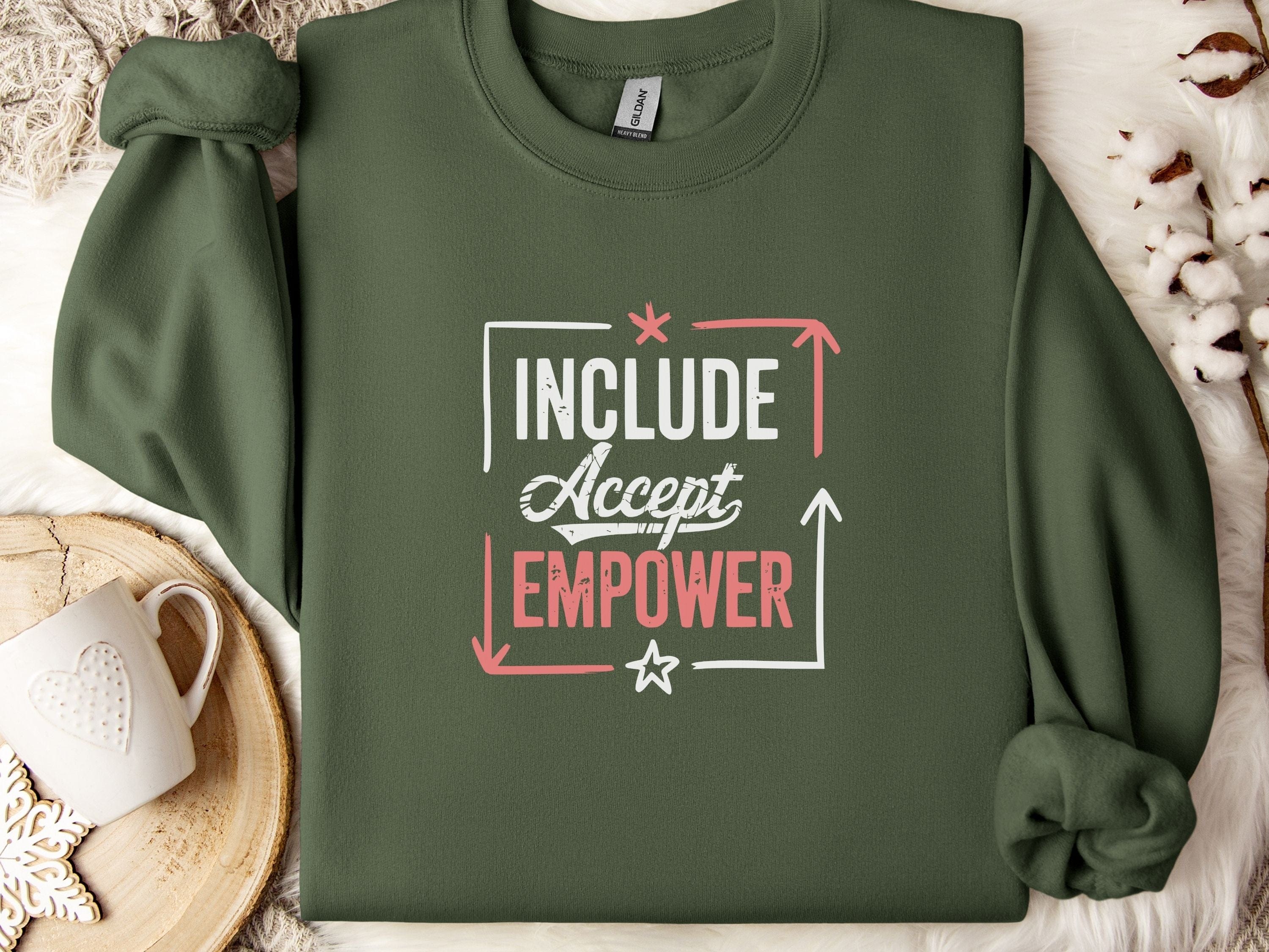 Include Accept Empower Sweatshirt-Military Green-Neurodiversity, ADHD & Autism Awareness & Acceptance Sweatshirt by Daily Bloom