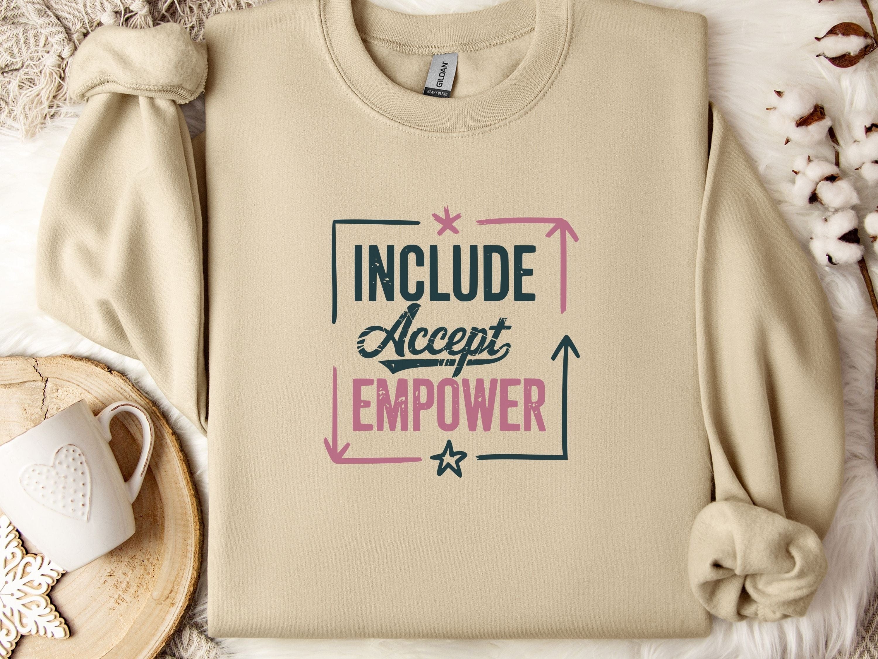 Include Accept Empower Sweatshirt-Sand-Neurodiversity, ADHD & Autism Awareness & Acceptance Sweatshirt by Daily Bloom