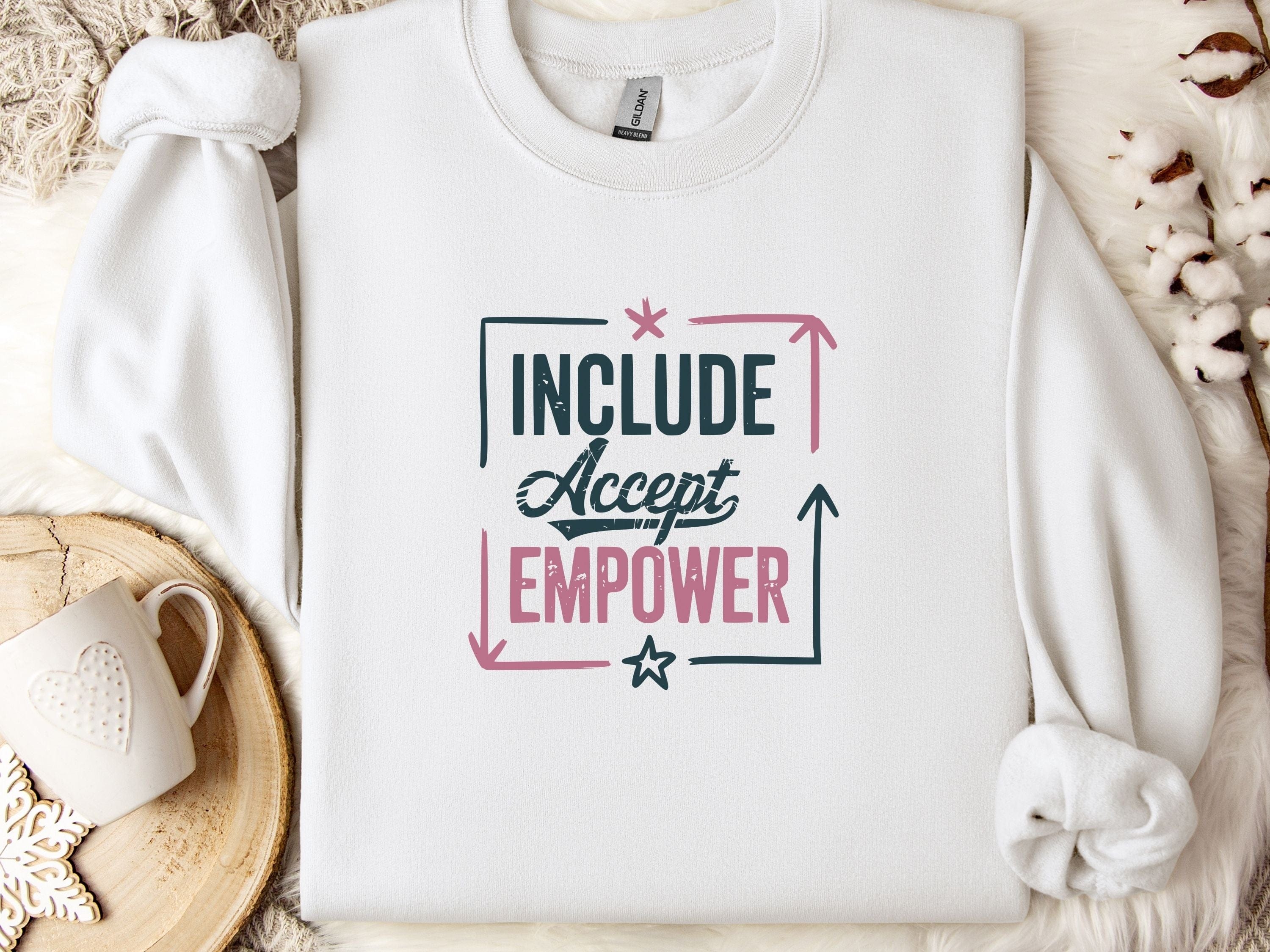 Include Accept Empower Sweatshirt-White-Neurodiversity, ADHD & Autism Awareness & Acceptance Sweatshirt by Daily Bloom