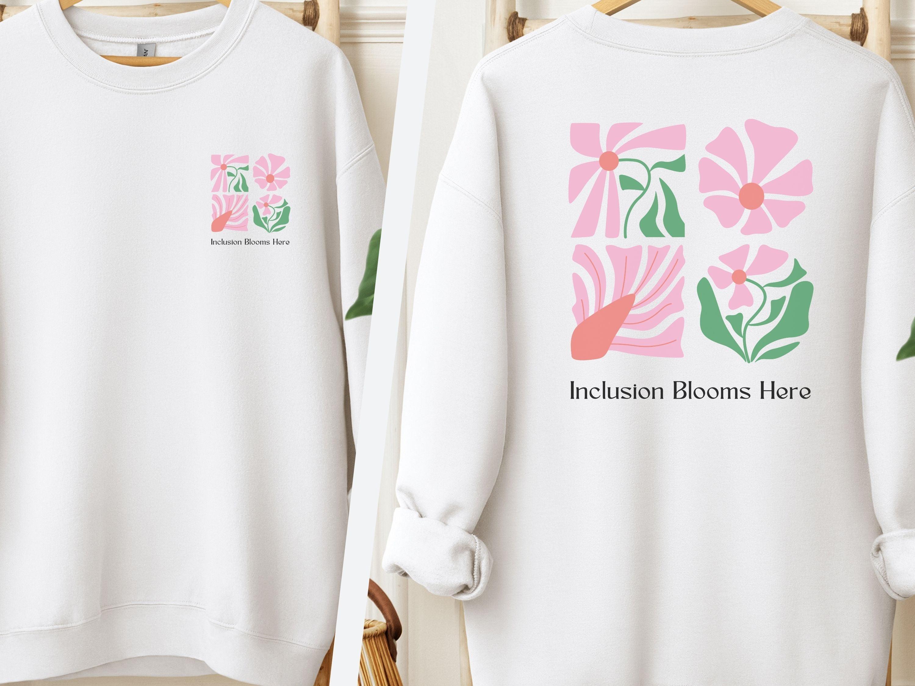 Inclusion Blooms Here Sweatshirt-White-Neurodiversity, ADHD & Autism Awareness & Acceptance Sweatshirt by Daily Bloom