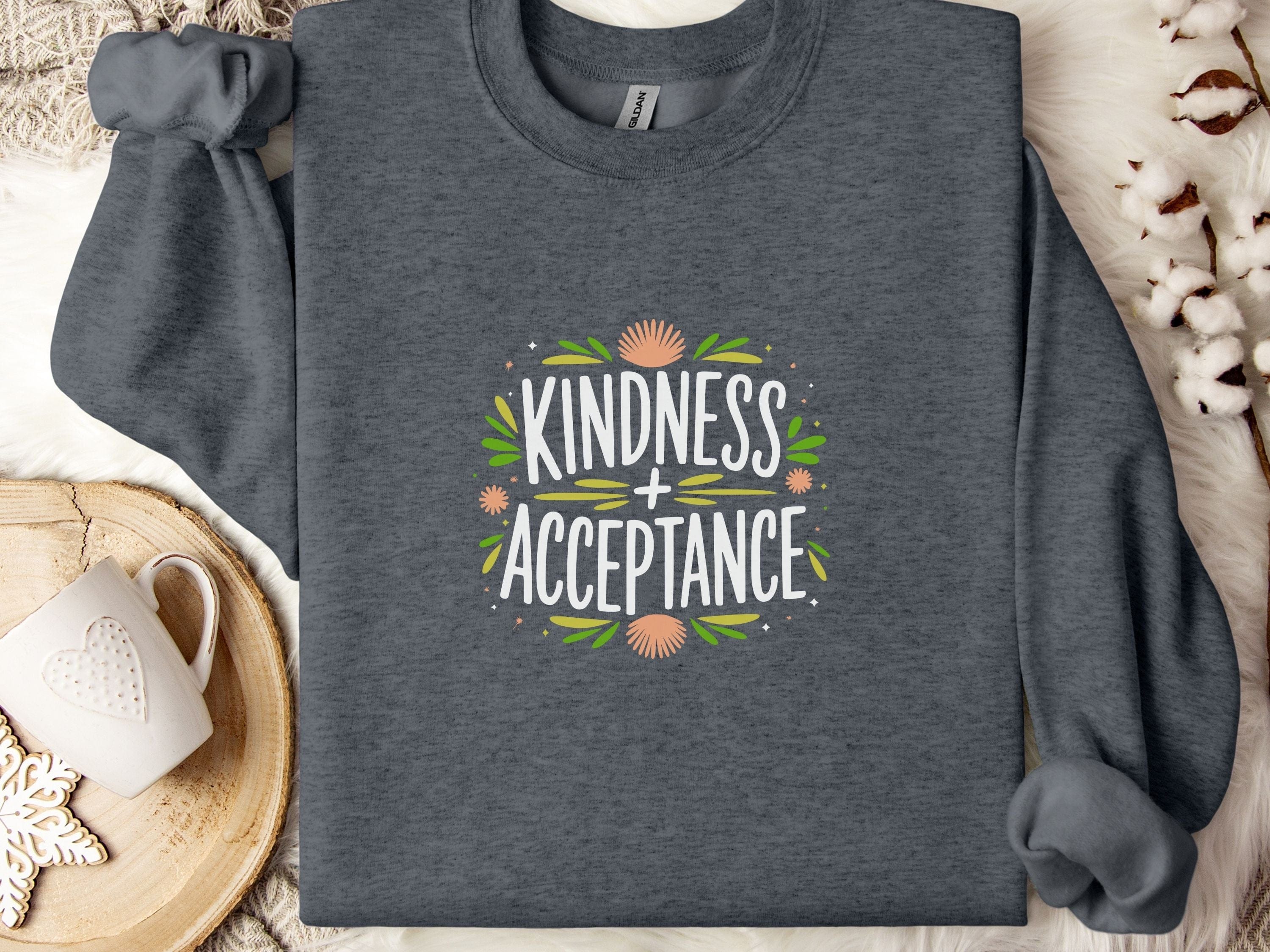 Kindness + Acceptance Sweatshirt-Dark Heather-Neurodiversity, ADHD & Autism Awareness & Acceptance Sweatshirt by Daily Bloom