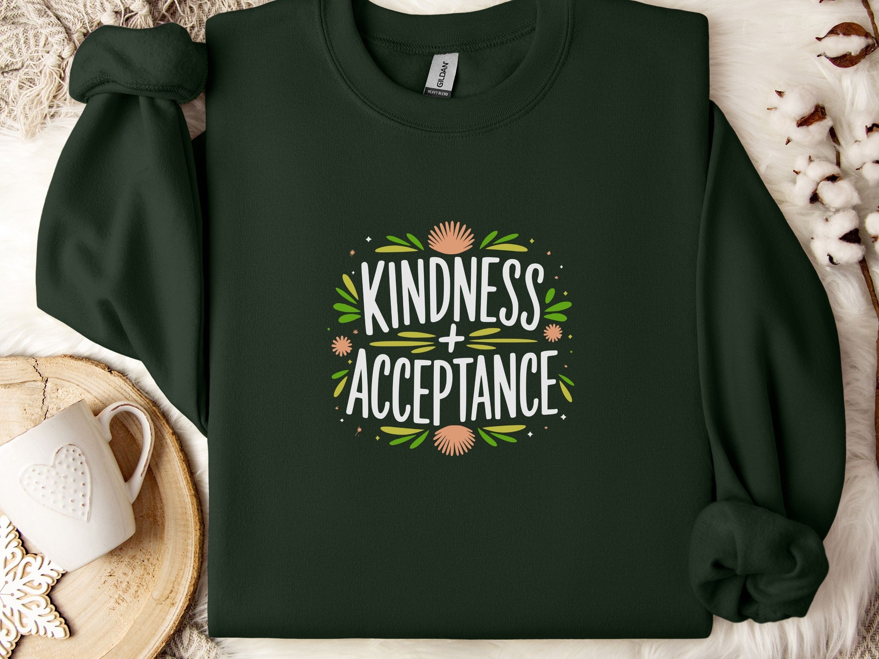 Kindness + Acceptance Sweatshirt-Forest Green-Neurodiversity, ADHD & Autism Awareness & Acceptance Sweatshirt by Daily Bloom