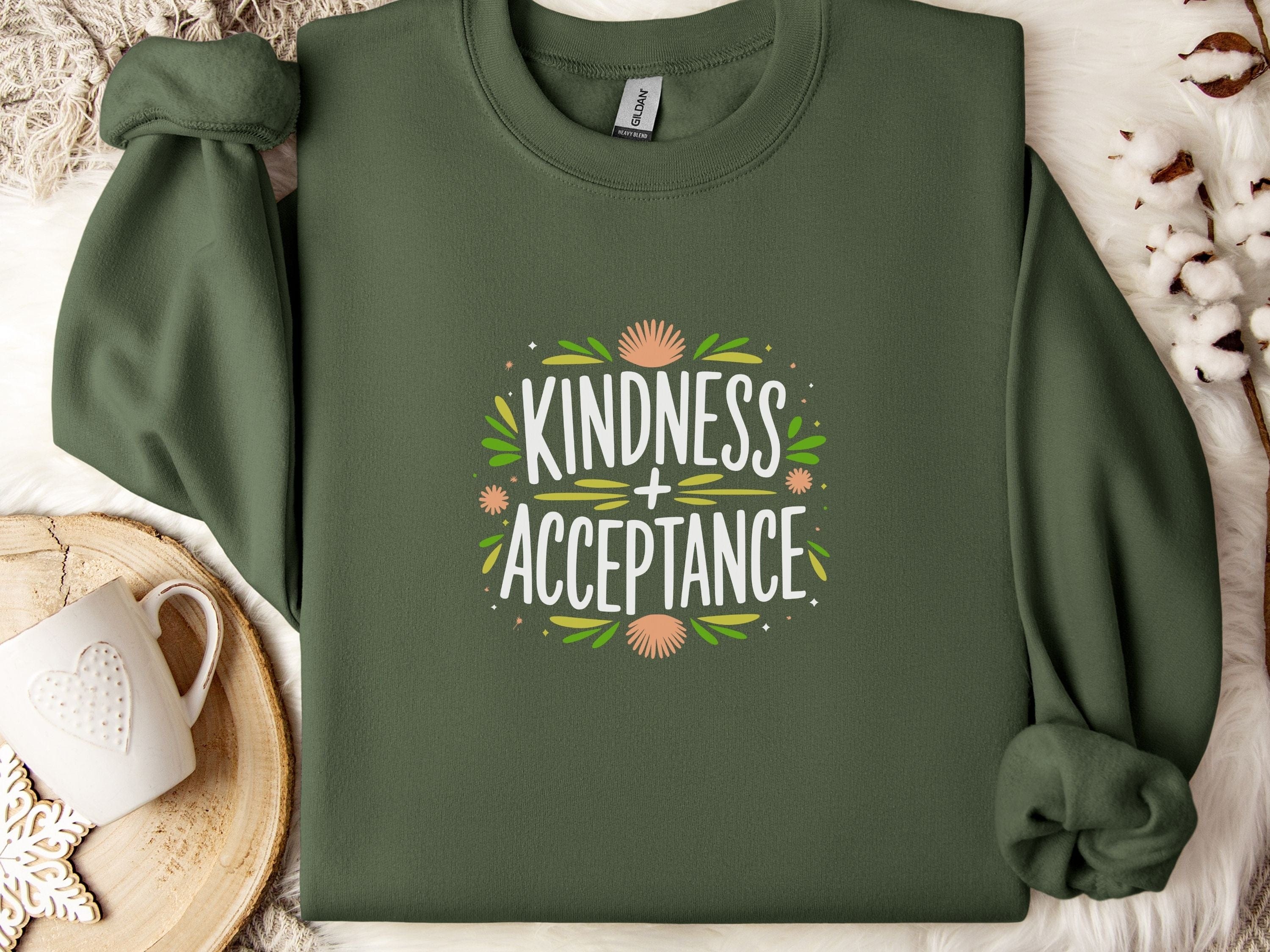 Kindness + Acceptance Sweatshirt-Military Green-Neurodiversity, ADHD & Autism Awareness & Acceptance Sweatshirt by Daily Bloom