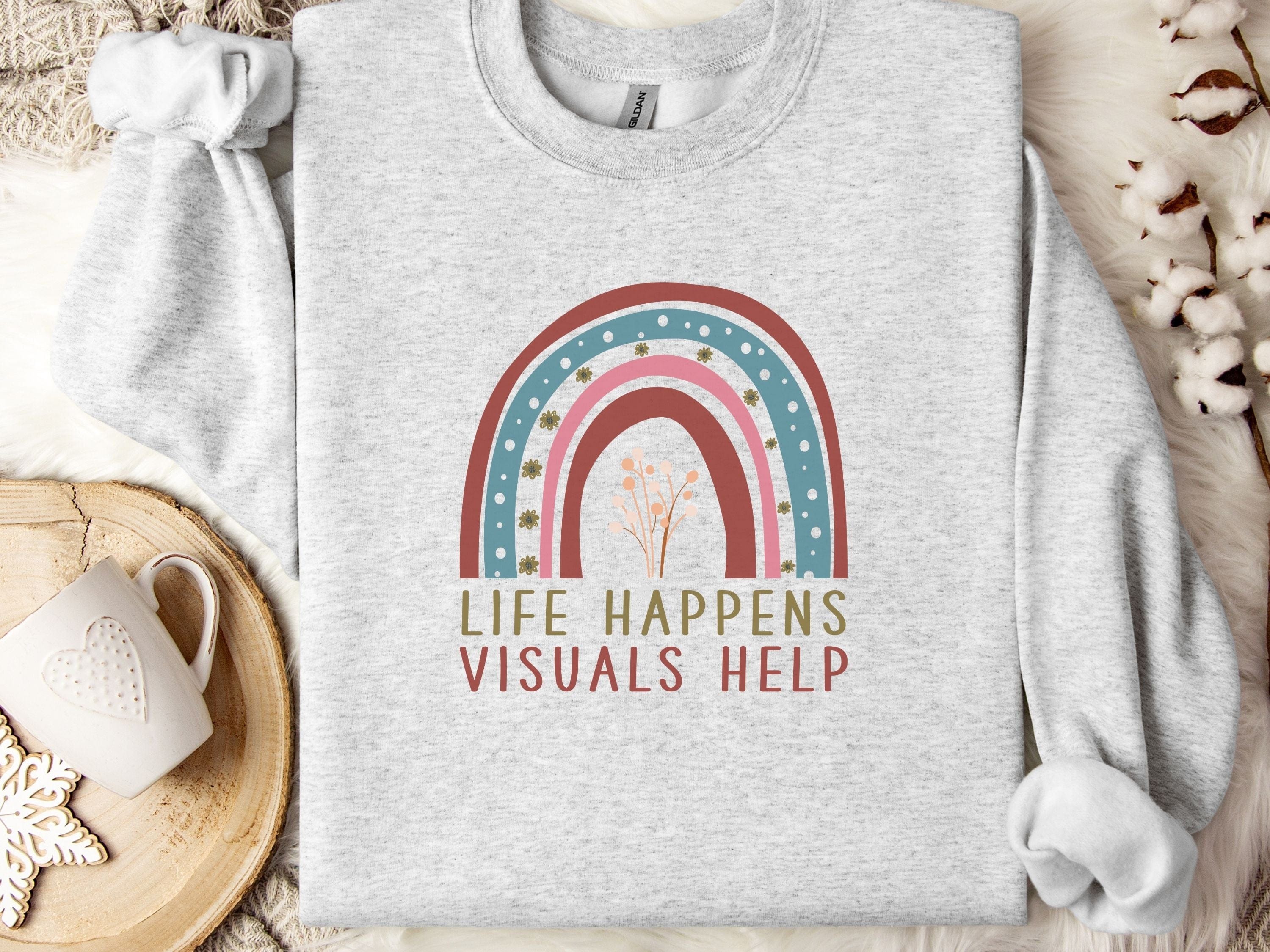 Life Happens Visuals Help Sweatshirt-Ash-Neurodiversity, ADHD & Autism Awareness & Acceptance Sweatshirt by Daily Bloom