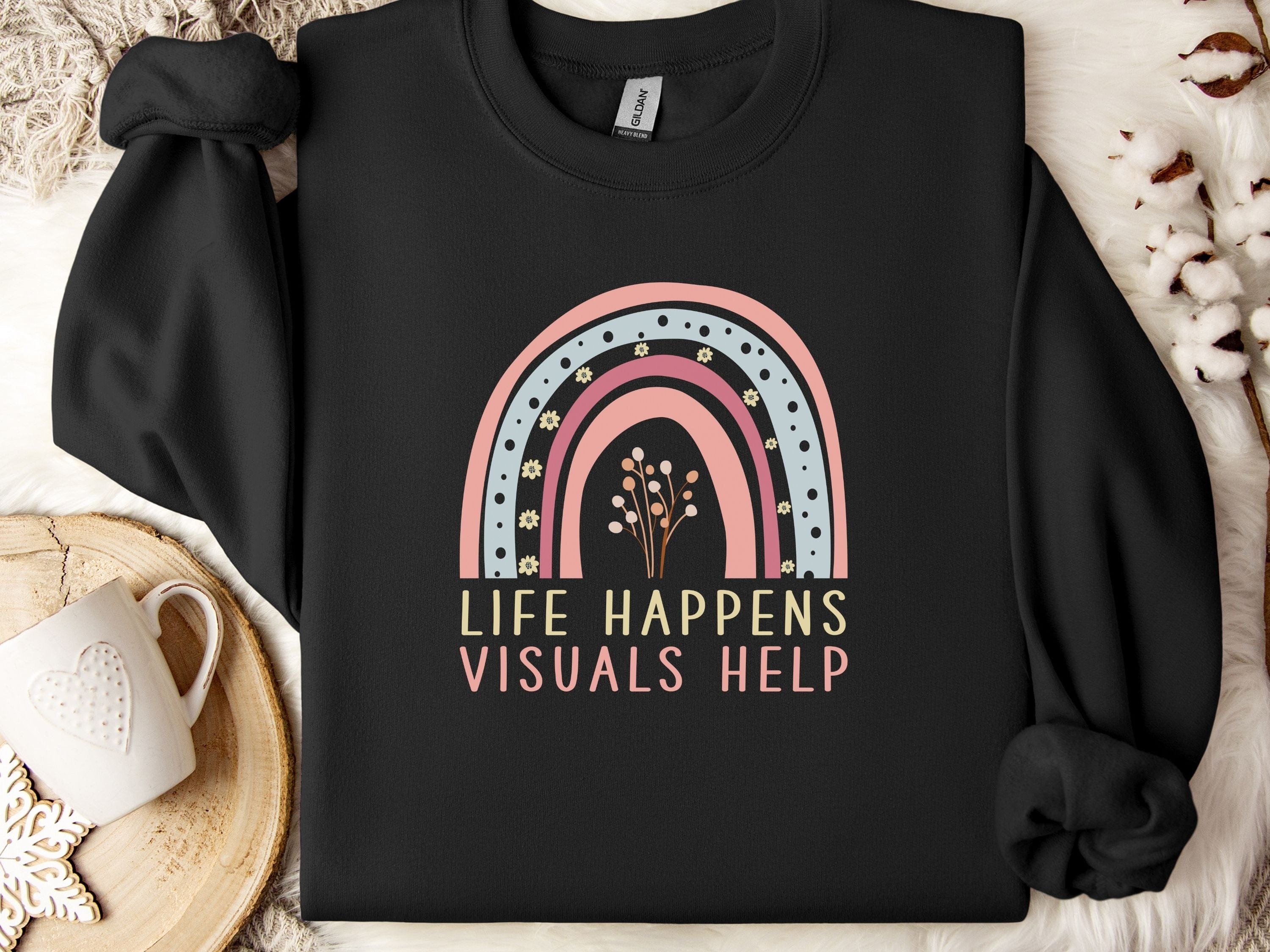Life Happens Visuals Help Sweatshirt-Black-Neurodiversity, ADHD & Autism Awareness & Acceptance Sweatshirt by Daily Bloom