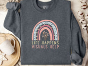 Life Happens Visuals Help Sweatshirt-Dark Heather-Neurodiversity, ADHD & Autism Awareness & Acceptance Sweatshirt by Daily Bloom