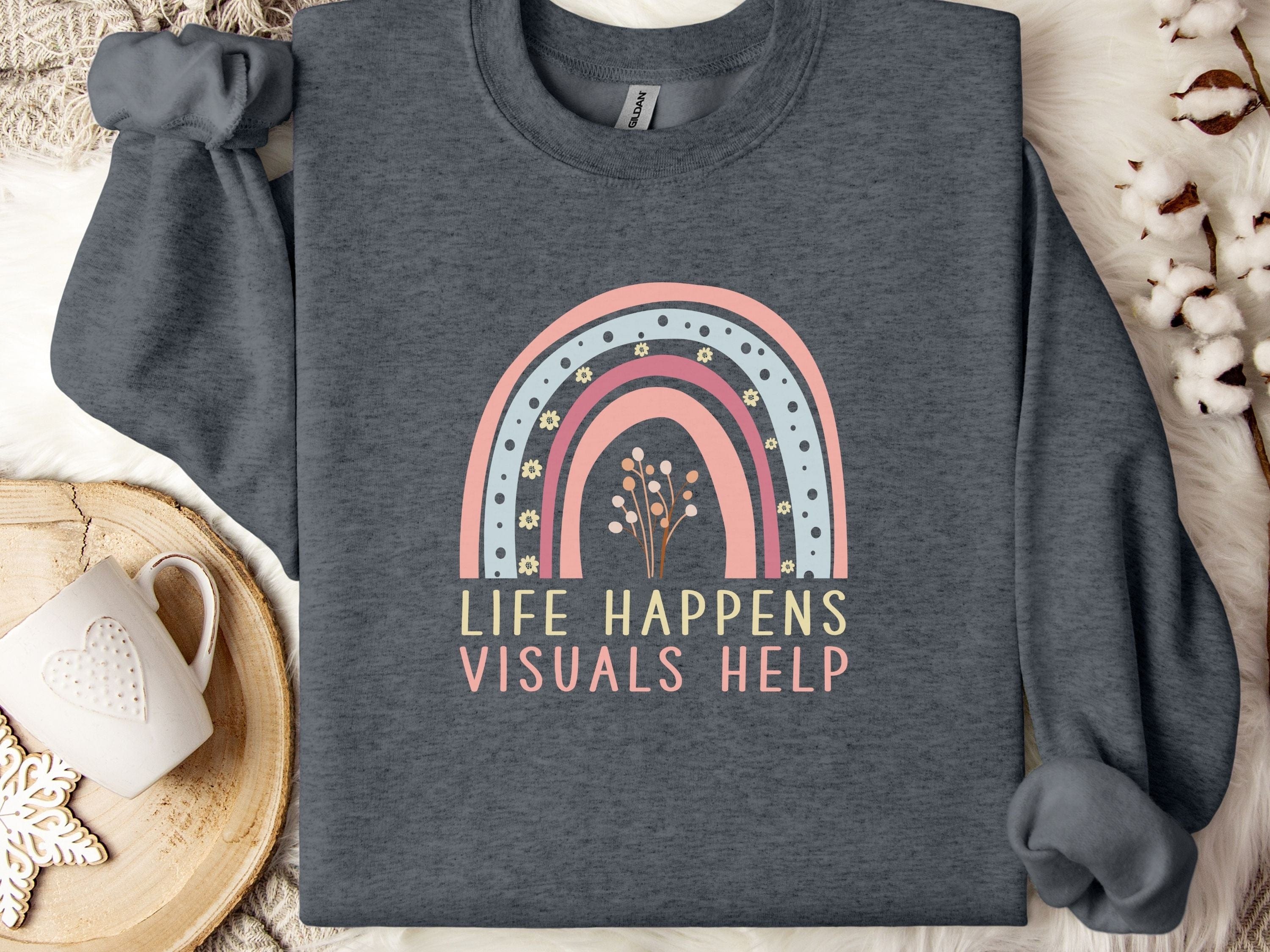 Life Happens Visuals Help Sweatshirt-Dark Heather-Neurodiversity, ADHD & Autism Awareness & Acceptance Sweatshirt by Daily Bloom