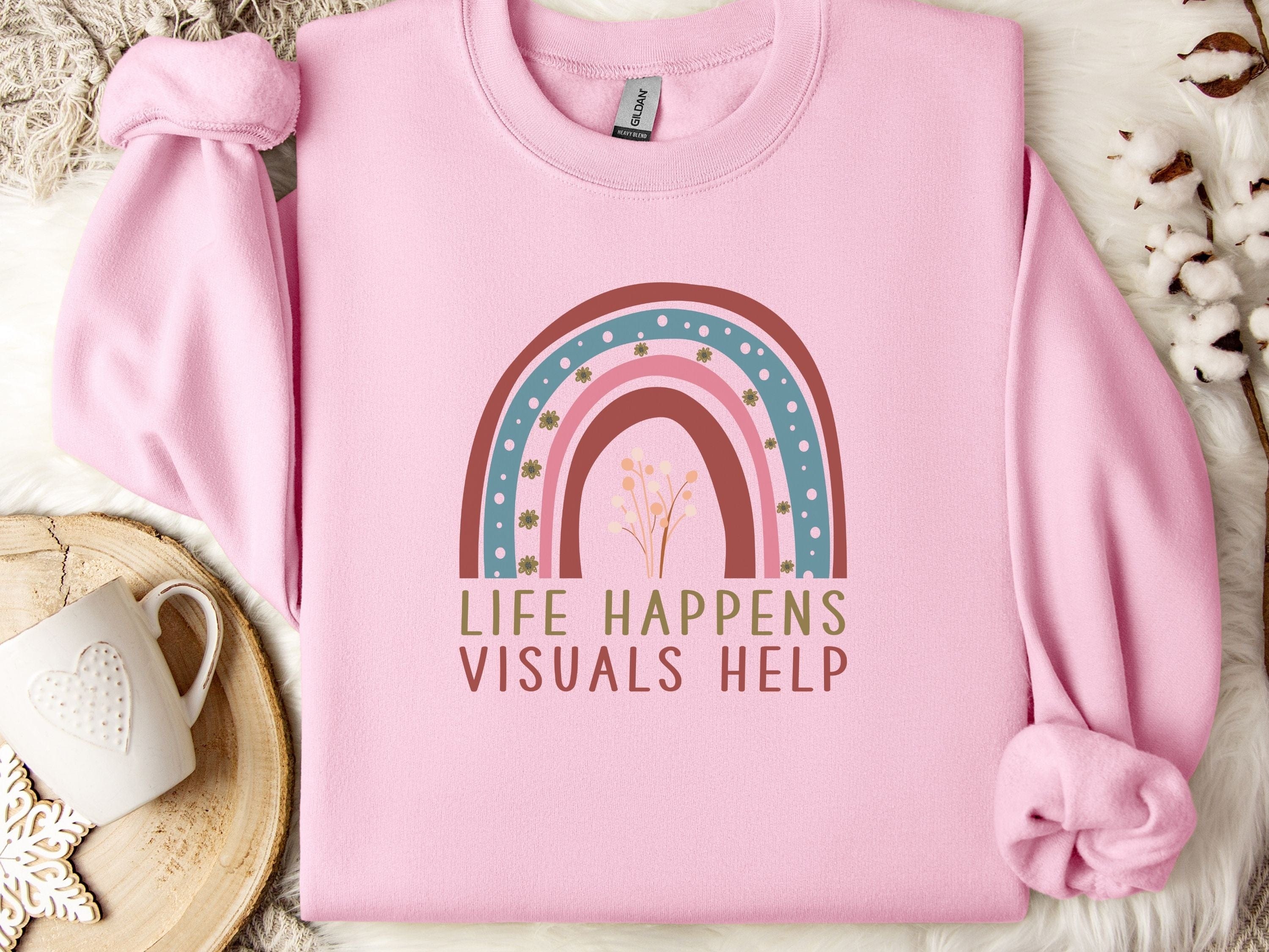 Life Happens Visuals Help Sweatshirt-Light Pink-Neurodiversity, ADHD & Autism Awareness & Acceptance Sweatshirt by Daily Bloom