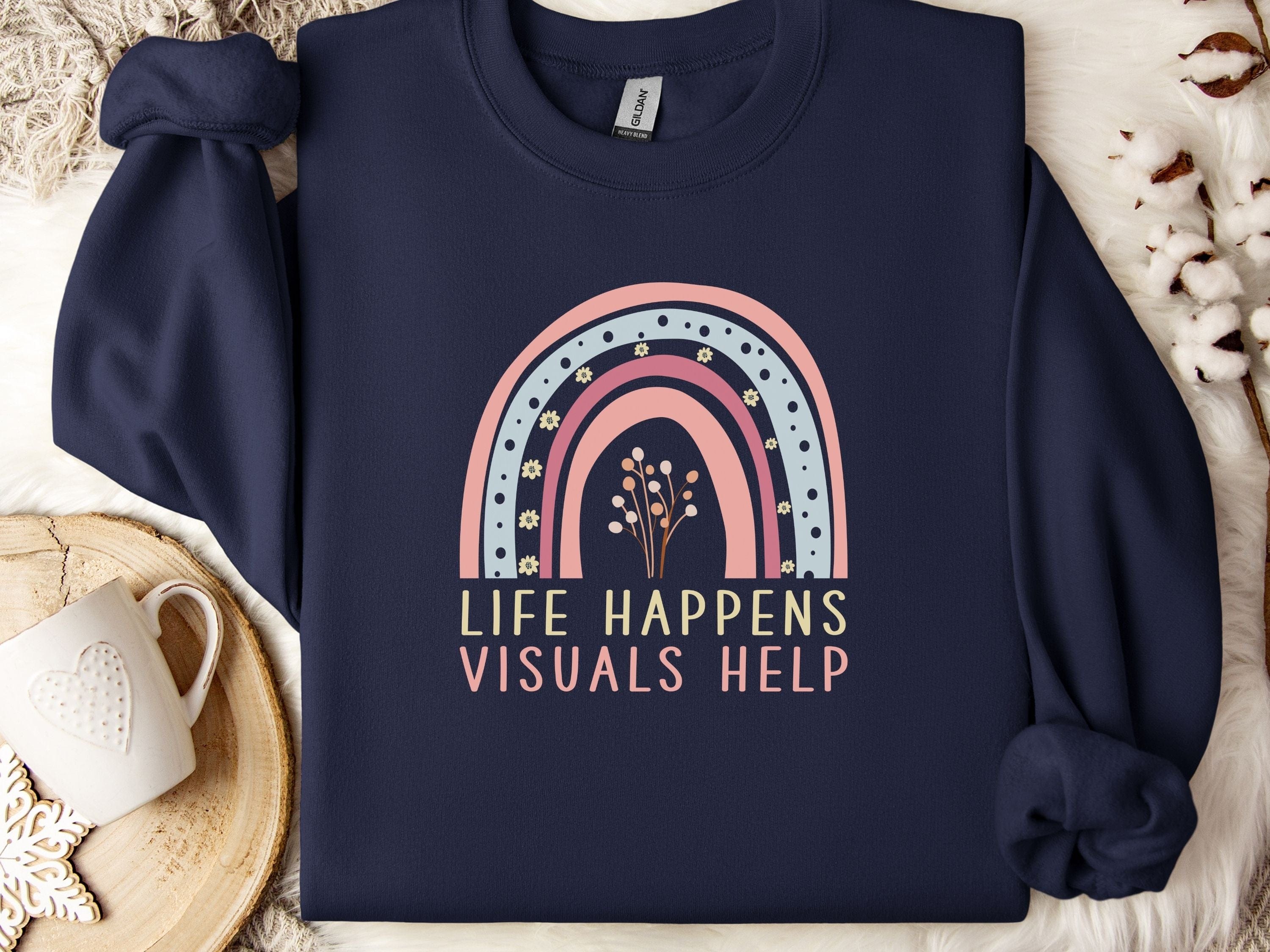 Life Happens Visuals Help Sweatshirt-Navy-Neurodiversity, ADHD & Autism Awareness & Acceptance Sweatshirt by Daily Bloom