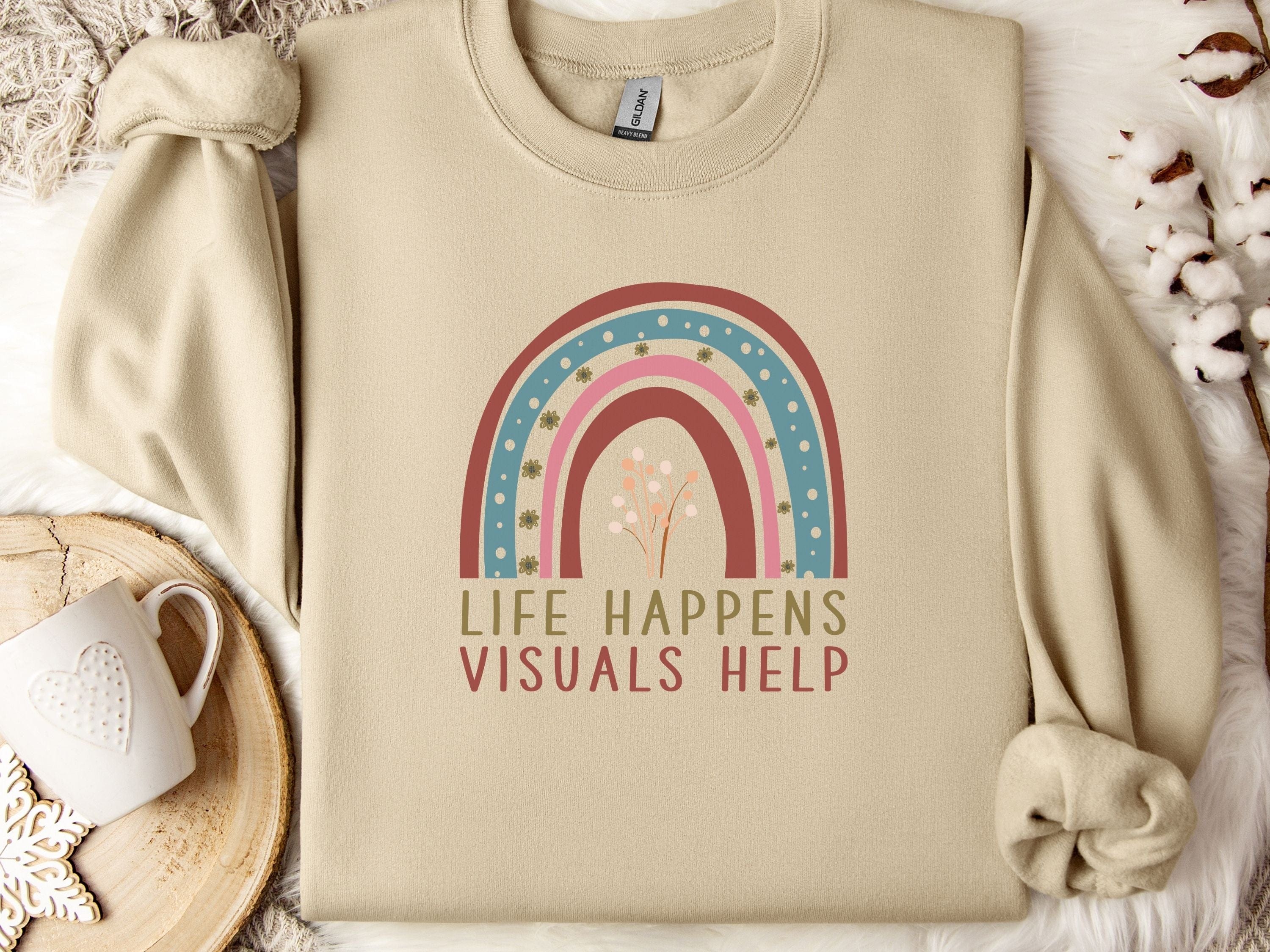 Life Happens Visuals Help Sweatshirt-Sand-Neurodiversity, ADHD & Autism Awareness & Acceptance Sweatshirt by Daily Bloom