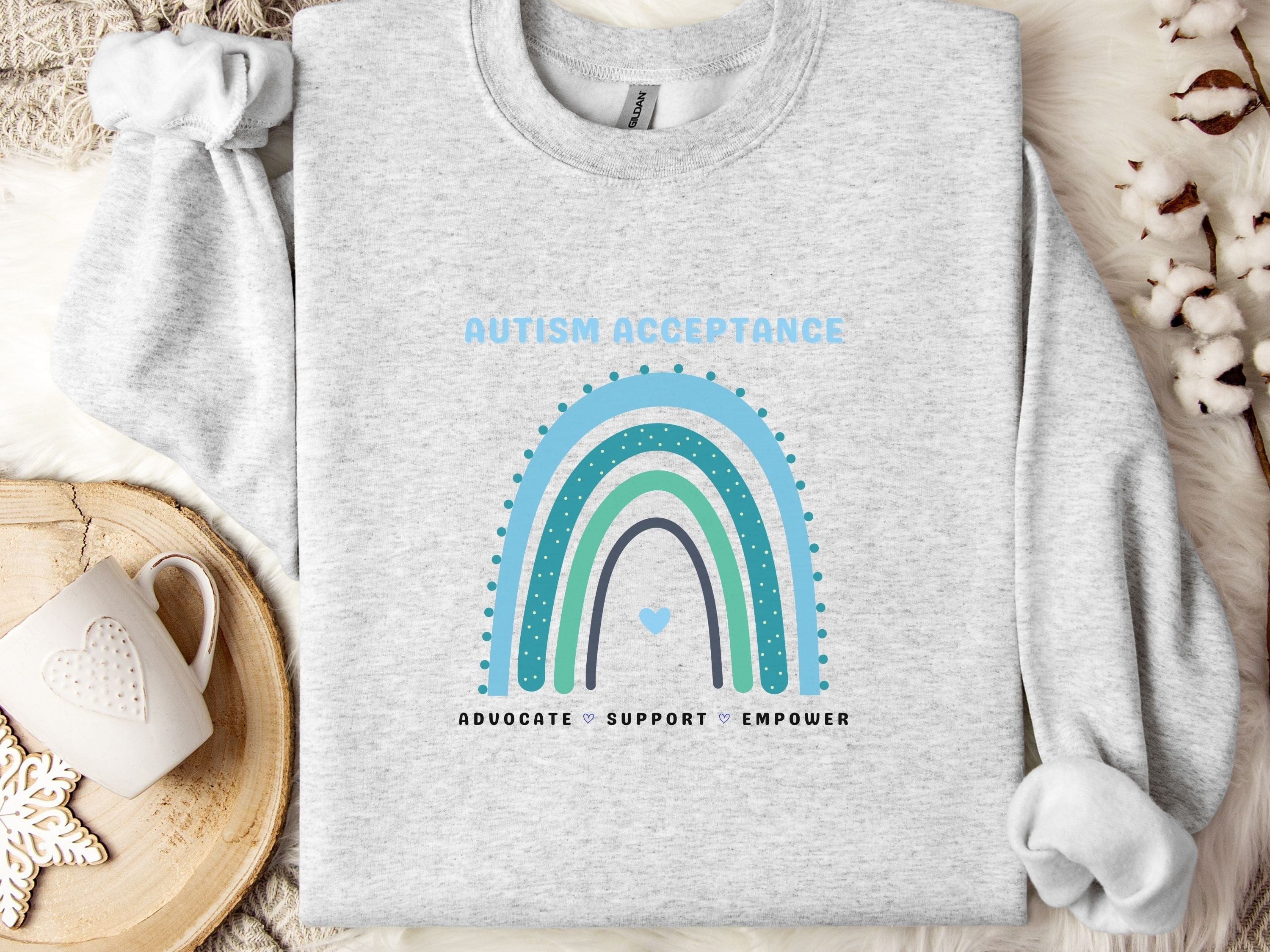 Advocate Support Empower Autism Acceptance Rainbow Sweatshirt-Ash-Neurodiversity, ADHD & Autism Awareness & Acceptance Sweatshirt by Daily Bloom