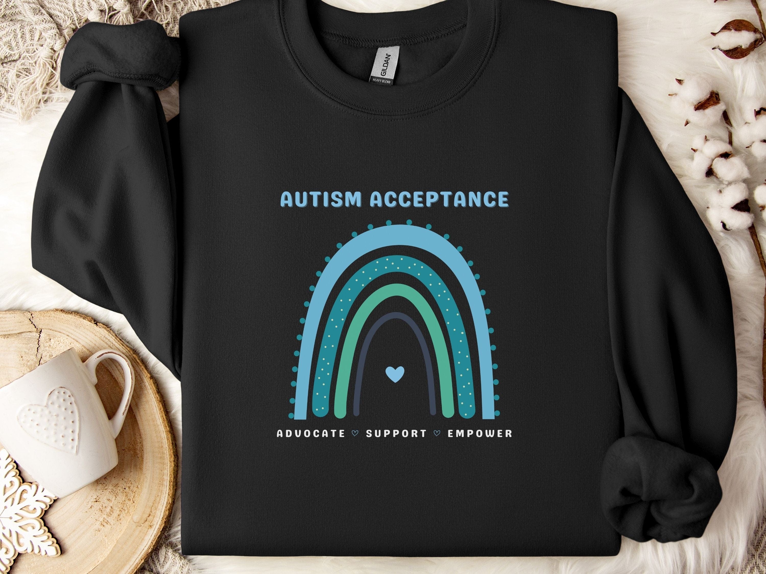 Advocate Support Empower Autism Acceptance Rainbow Sweatshirt-Black-Neurodiversity, ADHD & Autism Awareness & Acceptance Sweatshirt by Daily Bloom