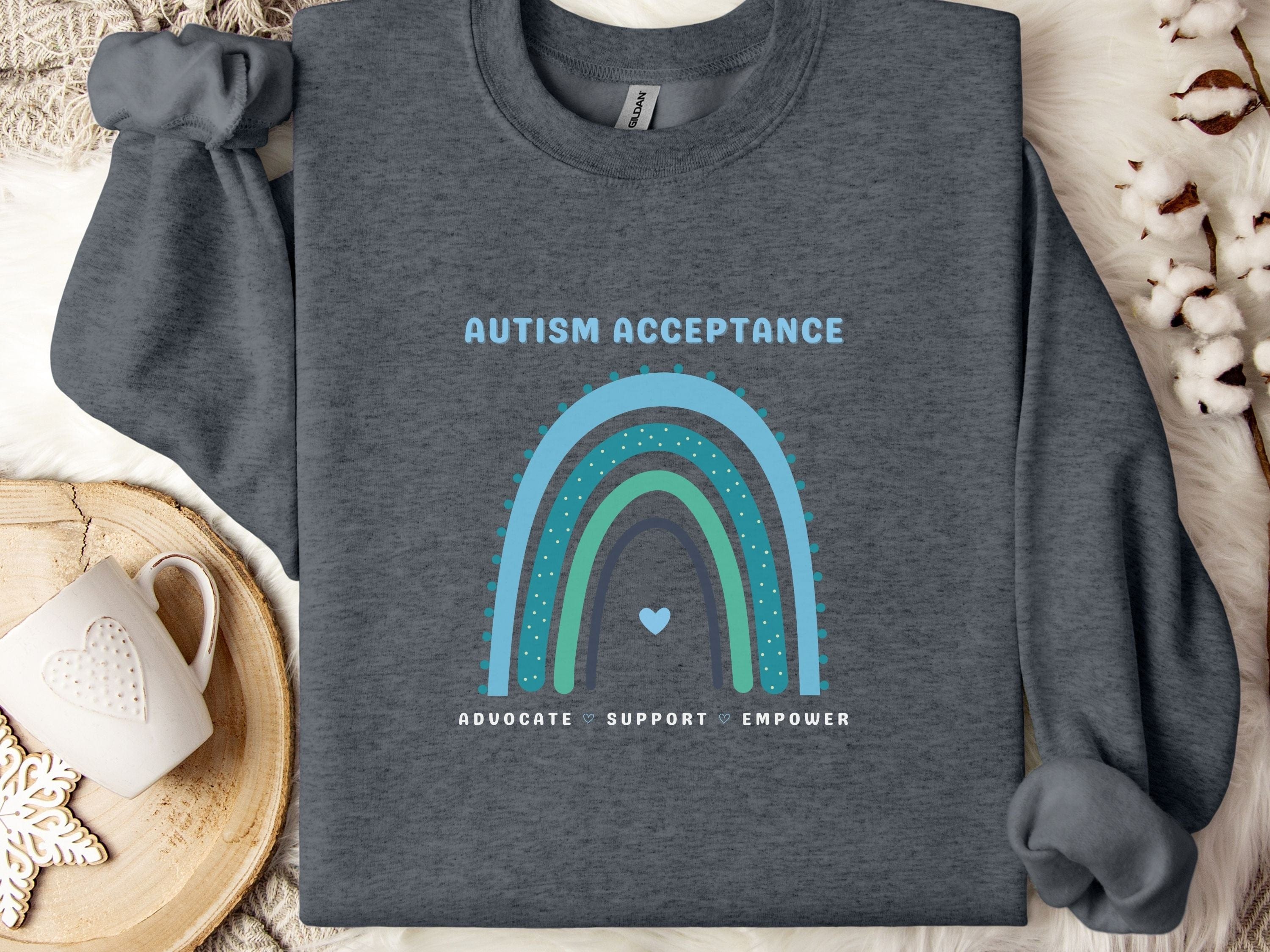 Advocate Support Empower Autism Acceptance Rainbow Sweatshirt-Dark Heather-Neurodiversity, ADHD & Autism Awareness & Acceptance Sweatshirt by Daily Bloom