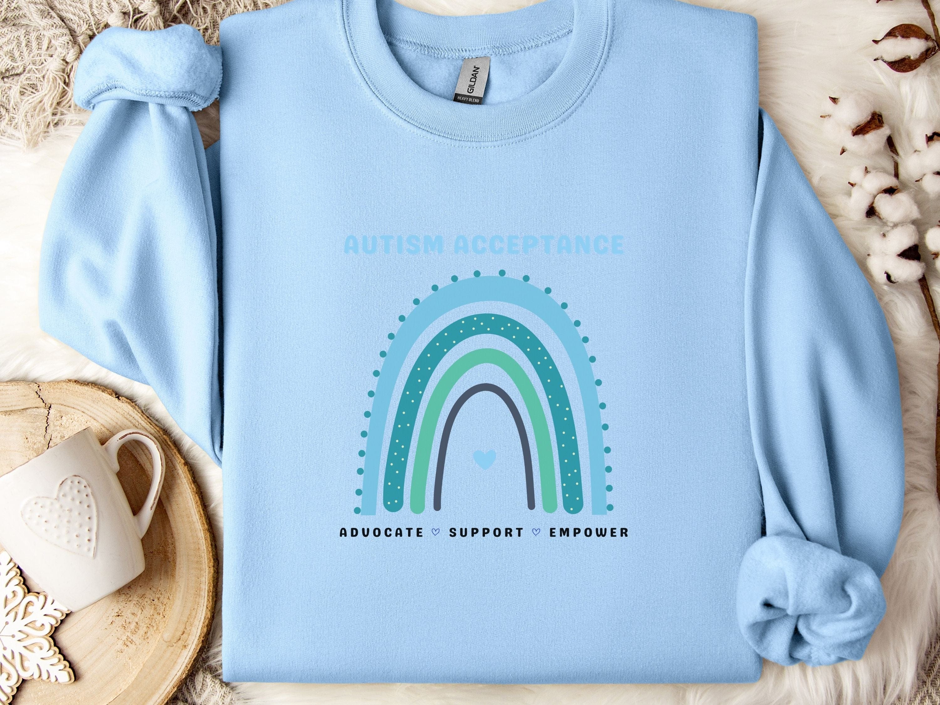 Advocate Support Empower Autism Acceptance Rainbow Sweatshirt-Light Blue-Neurodiversity, ADHD & Autism Awareness & Acceptance Sweatshirt by Daily Bloom