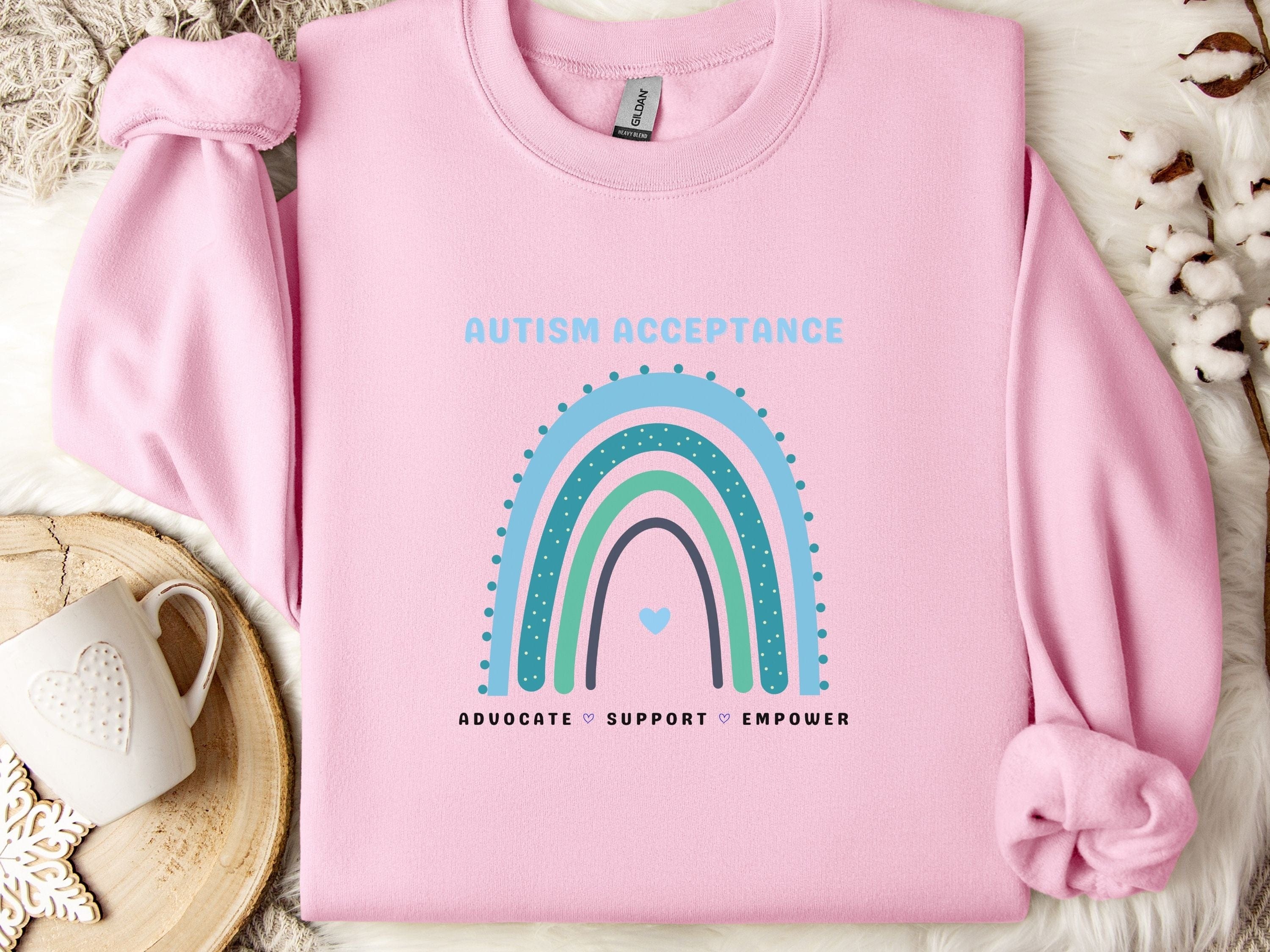 Advocate Support Empower Autism Acceptance Rainbow Sweatshirt-Light Pink-Neurodiversity, ADHD & Autism Awareness & Acceptance Sweatshirt by Daily Bloom