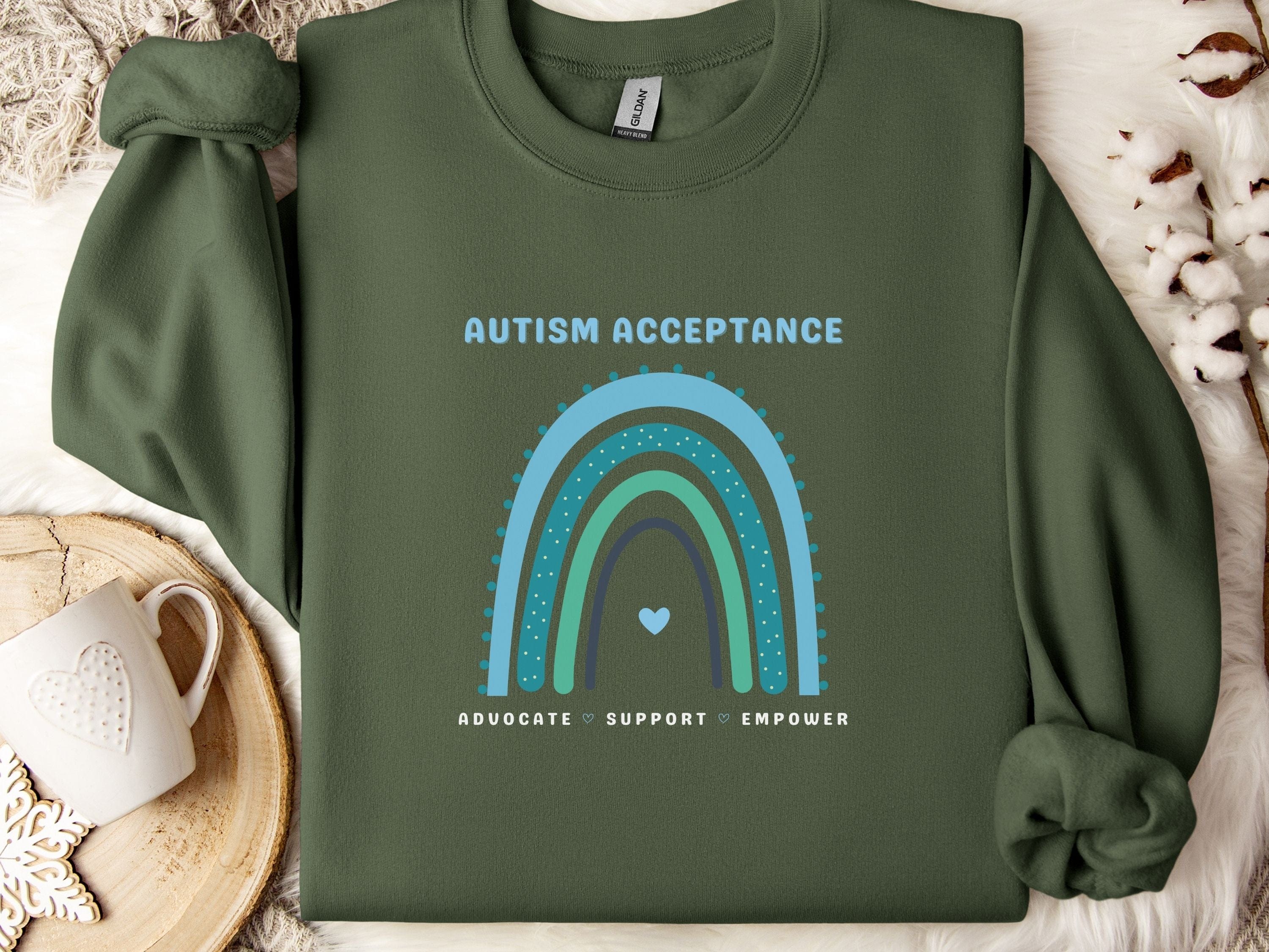 Advocate Support Empower Autism Acceptance Rainbow Sweatshirt-Military Green-Neurodiversity, ADHD & Autism Awareness & Acceptance Sweatshirt by Daily Bloom