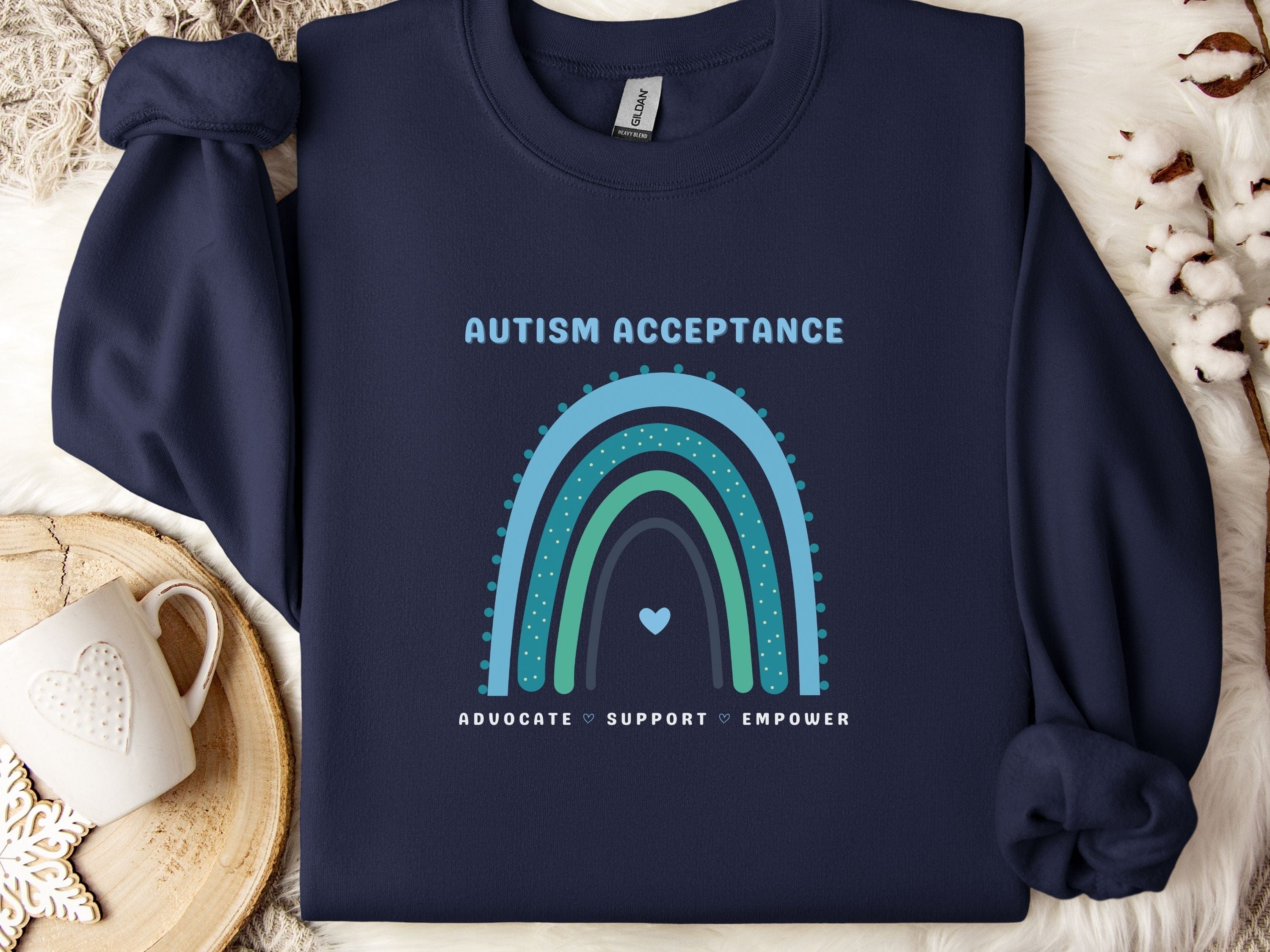 Advocate Support Empower Autism Acceptance Rainbow Sweatshirt-Navy-Neurodiversity, ADHD & Autism Awareness & Acceptance Sweatshirt by Daily Bloom