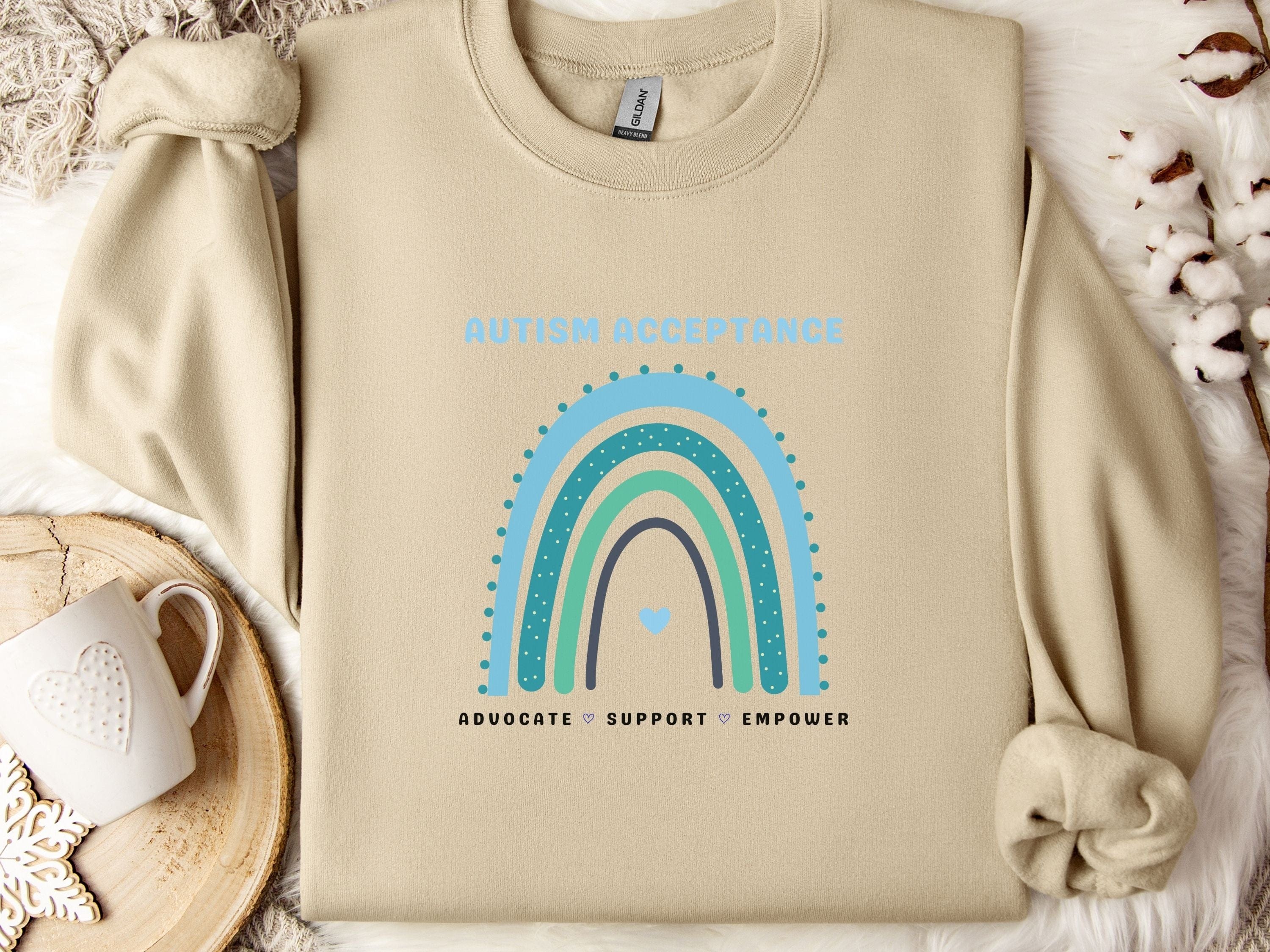 Advocate Support Empower Autism Acceptance Rainbow Sweatshirt-Sand-Neurodiversity, ADHD & Autism Awareness & Acceptance Sweatshirt by Daily Bloom