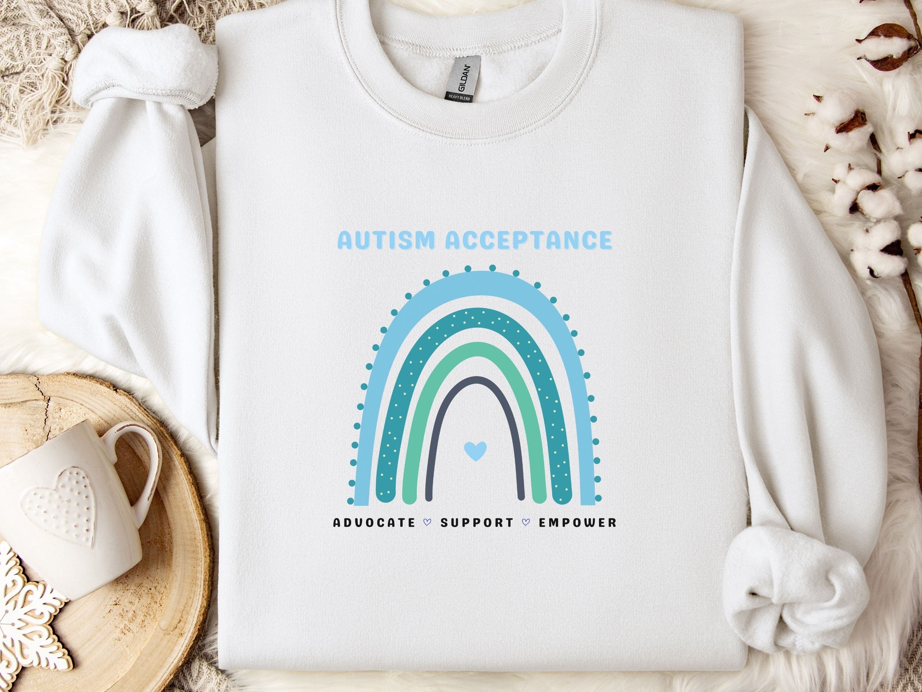 Advocate Support Empower Autism Acceptance Rainbow Sweatshirt-White-Neurodiversity, ADHD & Autism Awareness & Acceptance Sweatshirt by Daily Bloom