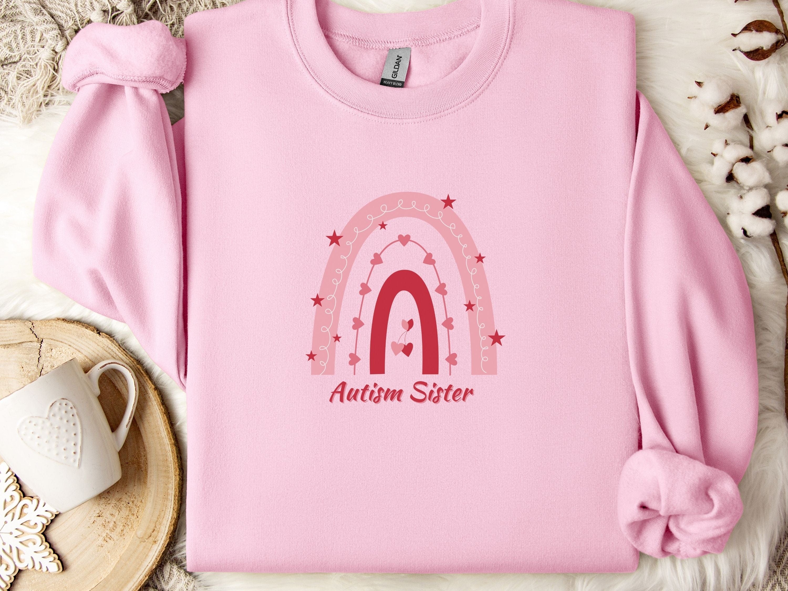 Rainbow Autism Sister Sweatshirt-Light Pink-Neurodiversity, ADHD & Autism Awareness & Acceptance Sweatshirt by Daily Bloom