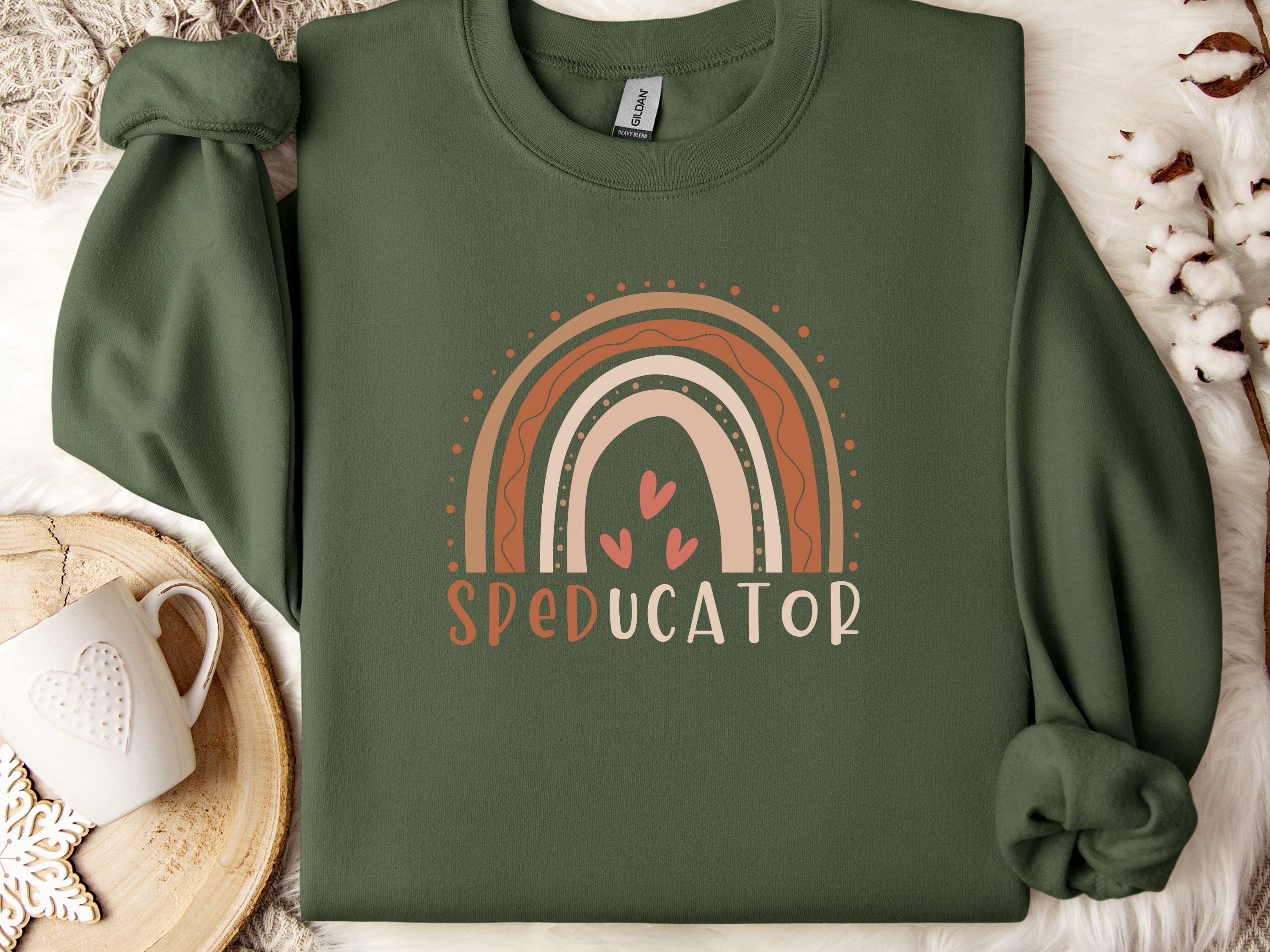 SPEDucator Boho Rainbow Sweatshirt-Military Green-Neurodiversity, ADHD & Autism Awareness & Acceptance Sweatshirt by Daily Bloom