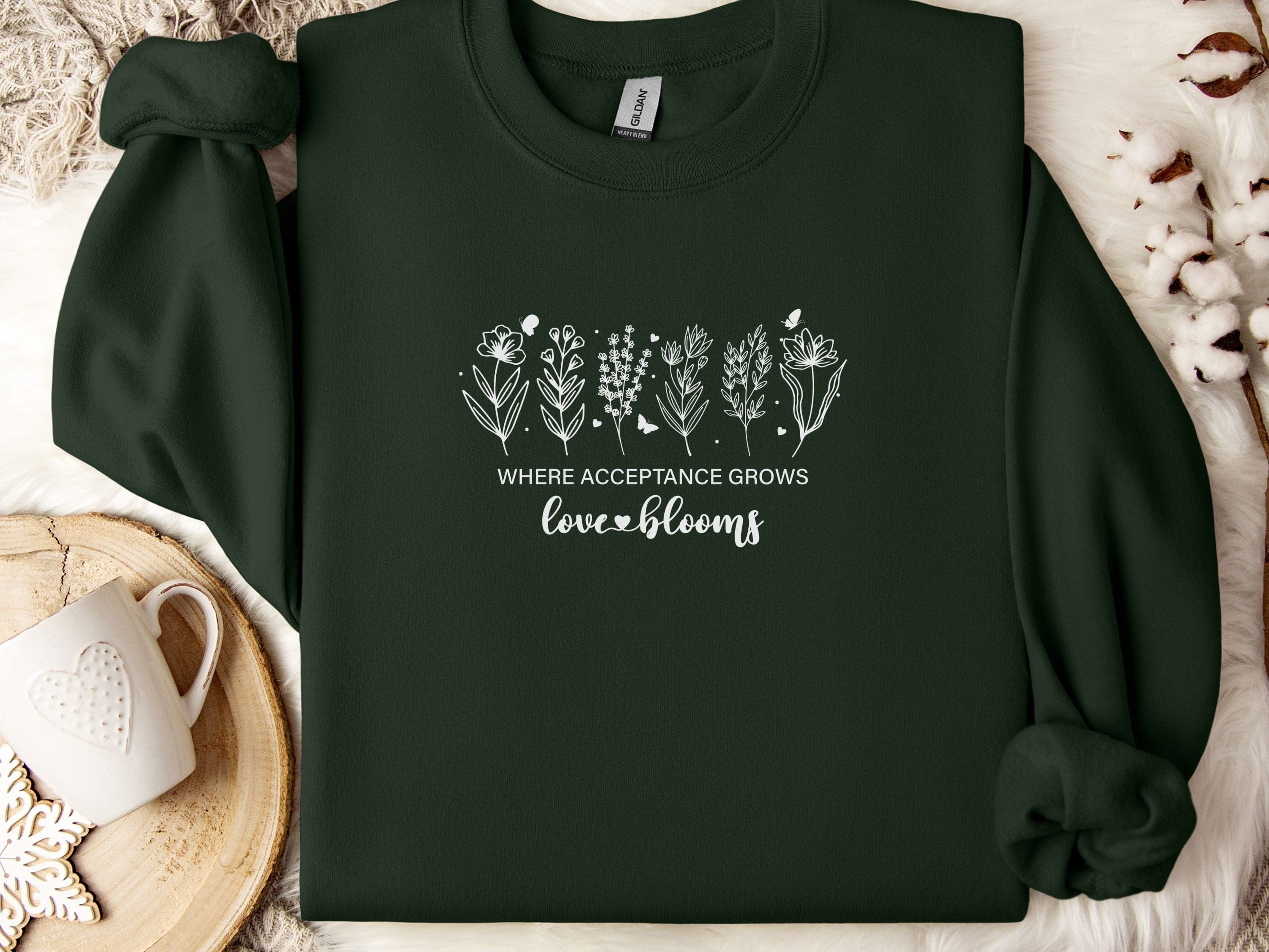 Where Acceptance Grows Love Blooms Sweatshirt-Forest Green-Neurodiversity, ADHD & Autism Awareness & Acceptance Sweatshirt by Daily Bloom