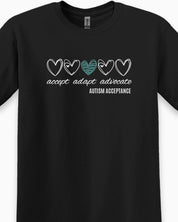 Accept Adapt Advocate Love Hearts Tee-Neurodiversity, ADHD & Autism Awareness & Acceptance T-Shirt by Daily Bloom