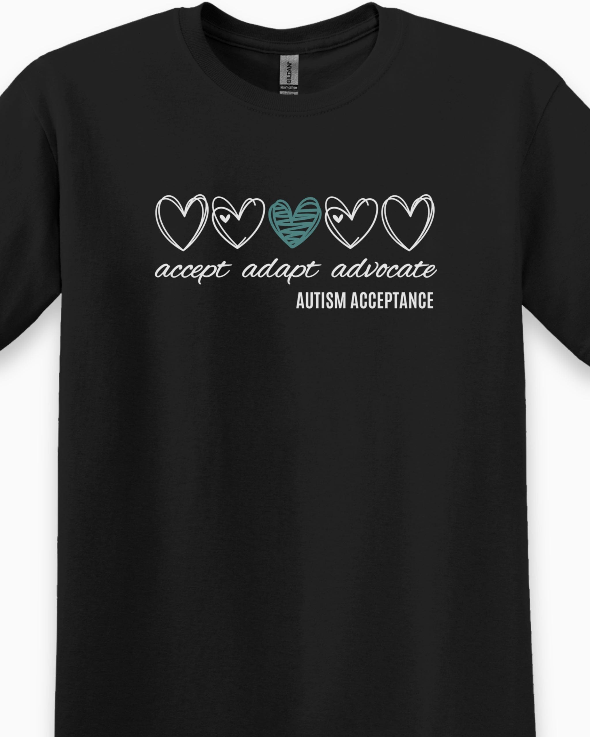Accept Adapt Advocate Love Hearts Tee-Neurodiversity, ADHD & Autism Awareness & Acceptance T-Shirt by Daily Bloom