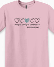 Accept Adapt Advocate Love Hearts Tee-Neurodiversity, ADHD & Autism Awareness & Acceptance T-Shirt by Daily Bloom