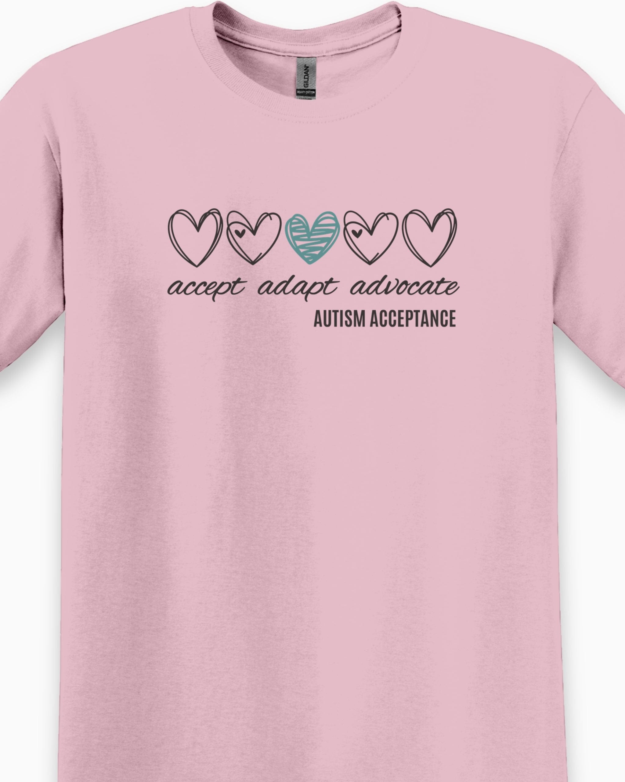 Accept Adapt Advocate Love Hearts Tee-Neurodiversity, ADHD & Autism Awareness & Acceptance T-Shirt by Daily Bloom