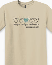 Accept Adapt Advocate Love Hearts Tee-Neurodiversity, ADHD & Autism Awareness & Acceptance T-Shirt by Daily Bloom
