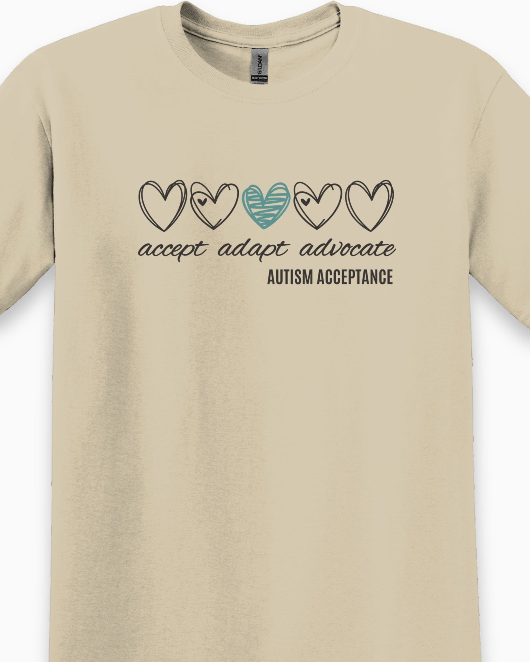 Accept Adapt Advocate Love Hearts Tee-Neurodiversity, ADHD & Autism Awareness & Acceptance T-Shirt by Daily Bloom