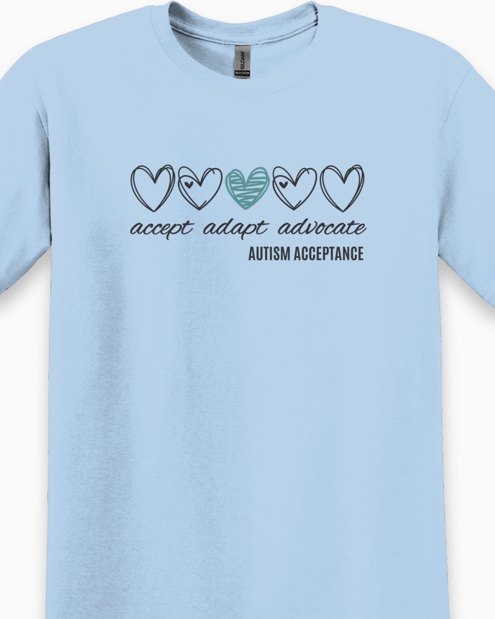 Autism T-Shirt - Accept Adapt Advocate Love Hearts Tee - Daily Bloom