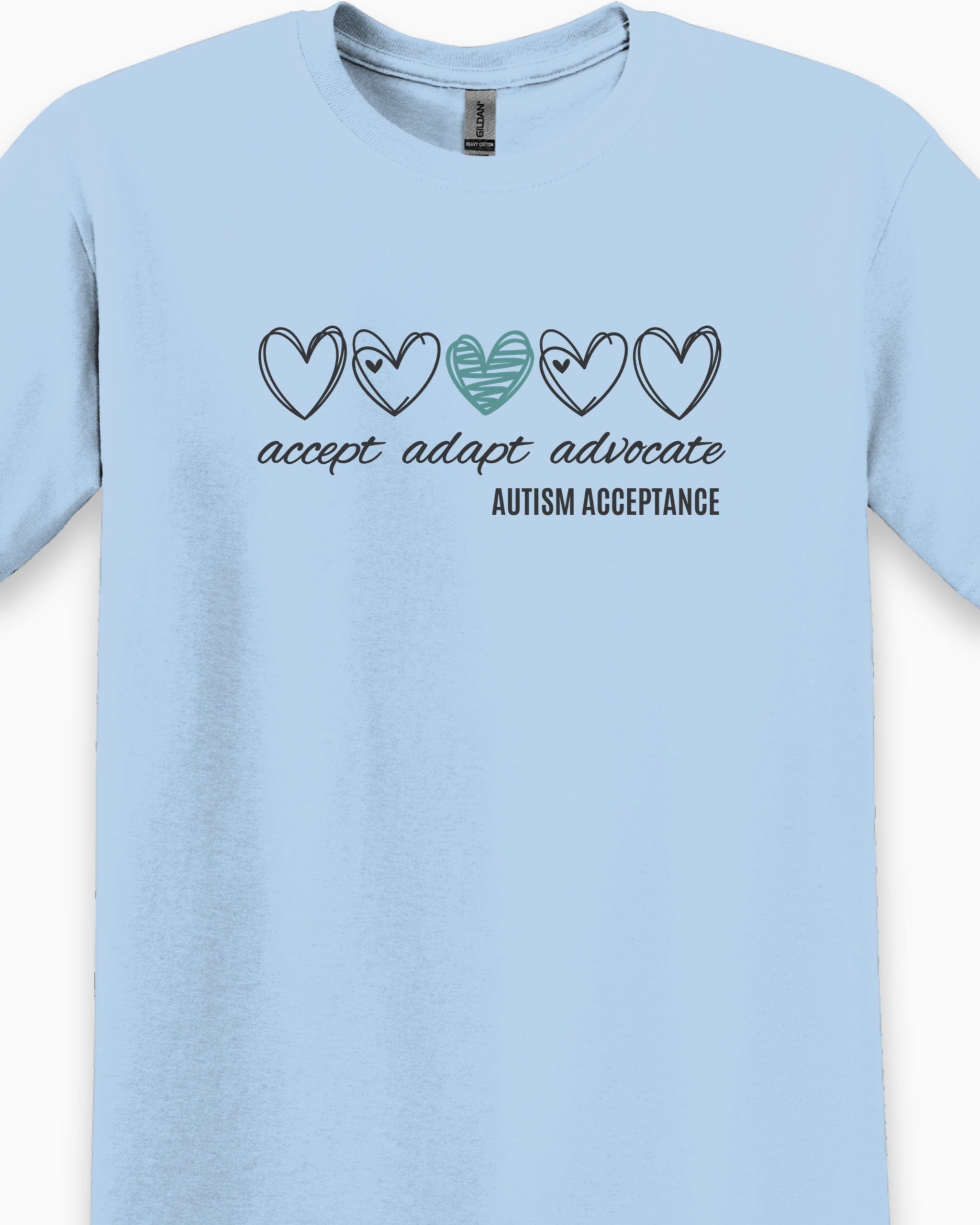 Accept Adapt Advocate Love Hearts Tee-Neurodiversity, ADHD & Autism Awareness & Acceptance T-Shirt by Daily Bloom