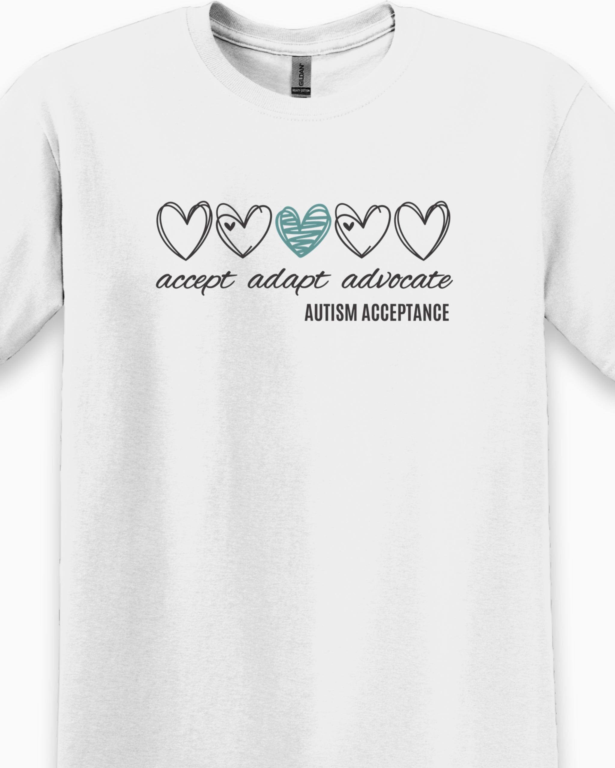 Accept Adapt Advocate Love Hearts Tee-Neurodiversity, ADHD & Autism Awareness & Acceptance T-Shirt by Daily Bloom
