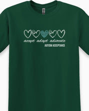 Accept Adapt Advocate Love Hearts Tee-Neurodiversity, ADHD & Autism Awareness & Acceptance T-Shirt by Daily Bloom