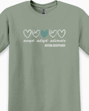 Accept Adapt Advocate Love Hearts Tee-Neurodiversity, ADHD & Autism Awareness & Acceptance T-Shirt by Daily Bloom