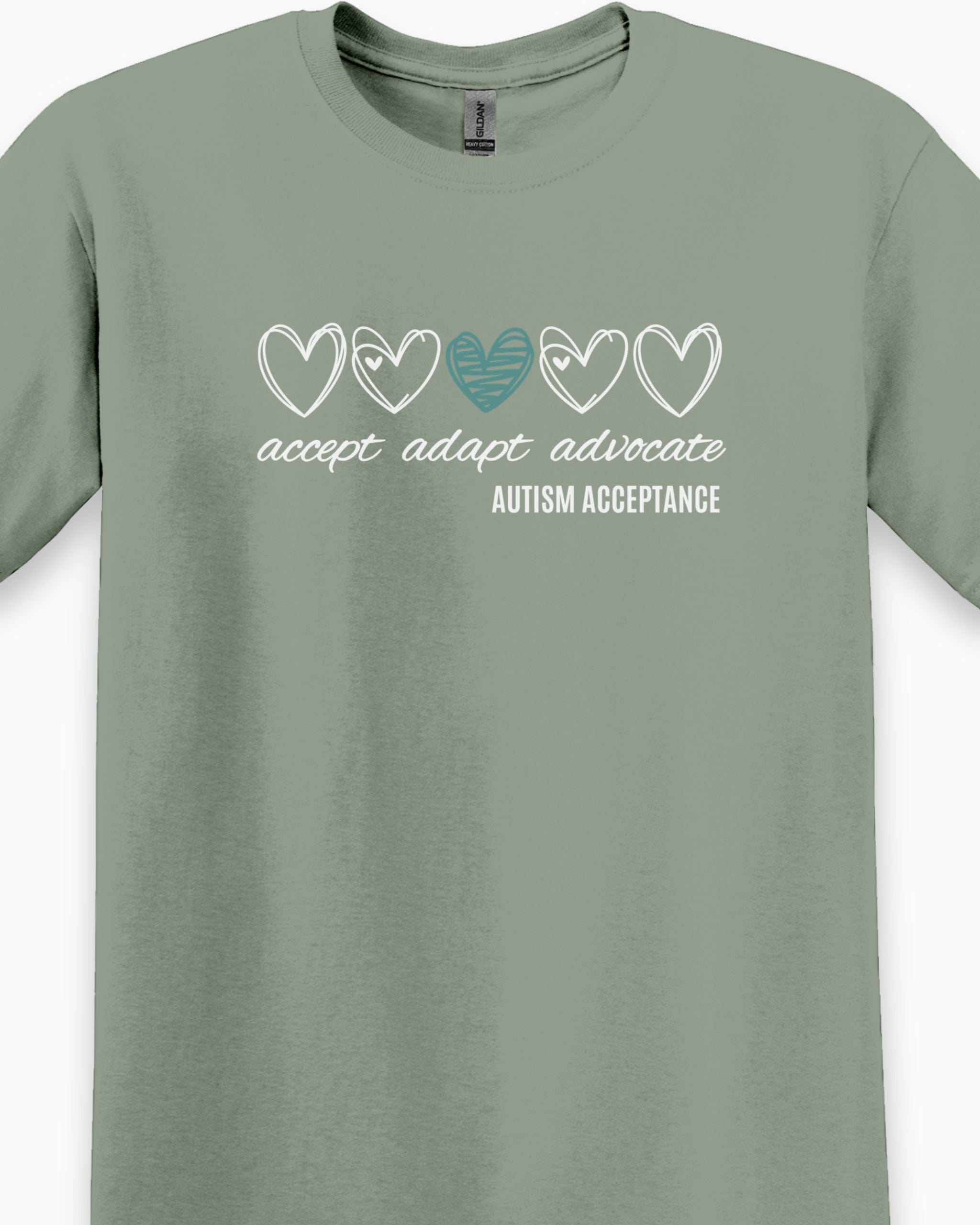 Accept Adapt Advocate Love Hearts Tee-Neurodiversity, ADHD & Autism Awareness & Acceptance T-Shirt by Daily Bloom