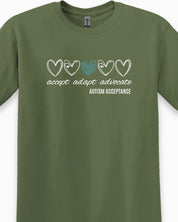Accept Adapt Advocate Love Hearts Tee-Neurodiversity, ADHD & Autism Awareness & Acceptance T-Shirt by Daily Bloom