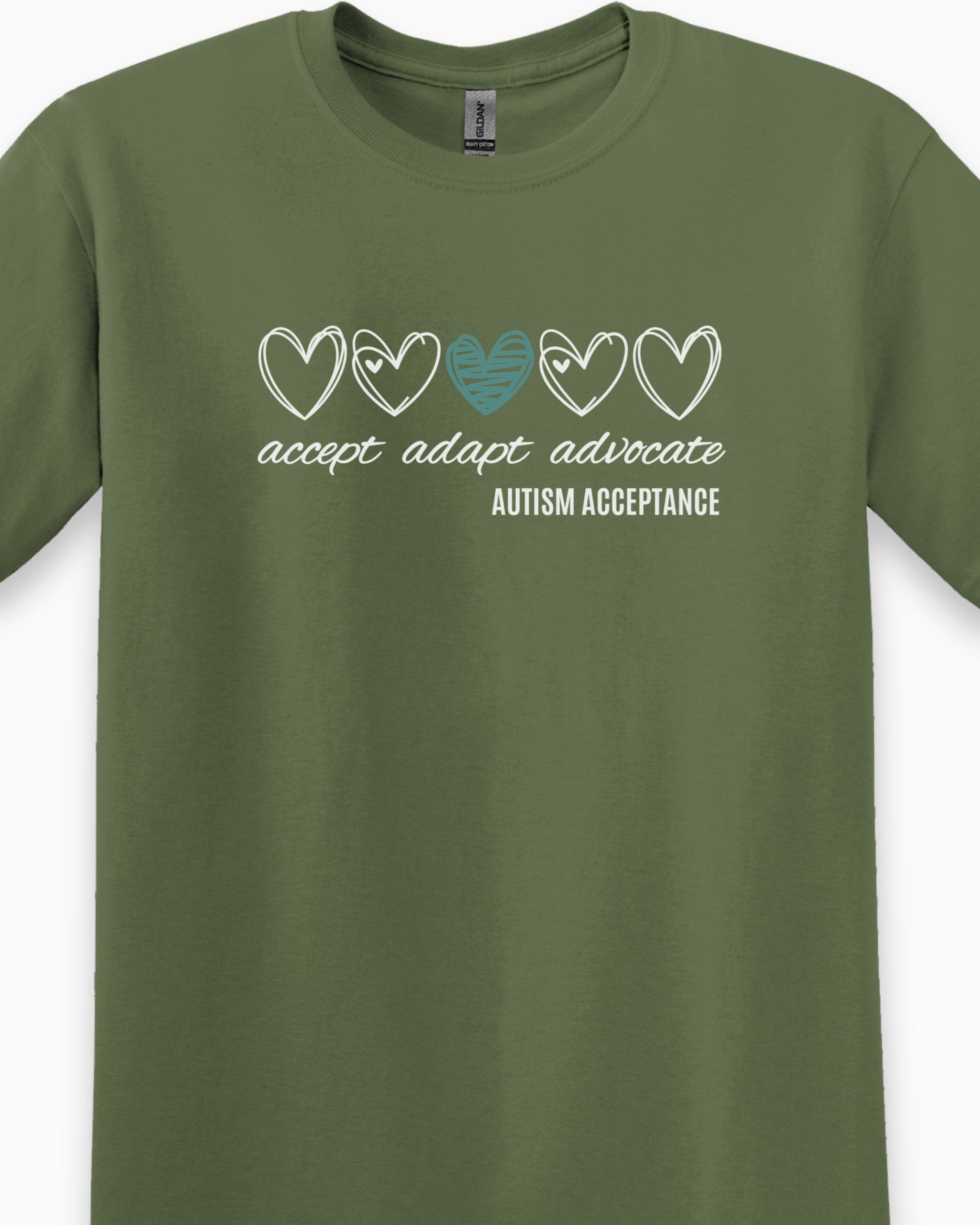 Accept Adapt Advocate Love Hearts Tee-Neurodiversity, ADHD & Autism Awareness & Acceptance T-Shirt by Daily Bloom