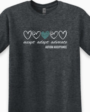Accept Adapt Advocate Love Hearts Tee-Neurodiversity, ADHD & Autism Awareness & Acceptance T-Shirt by Daily Bloom