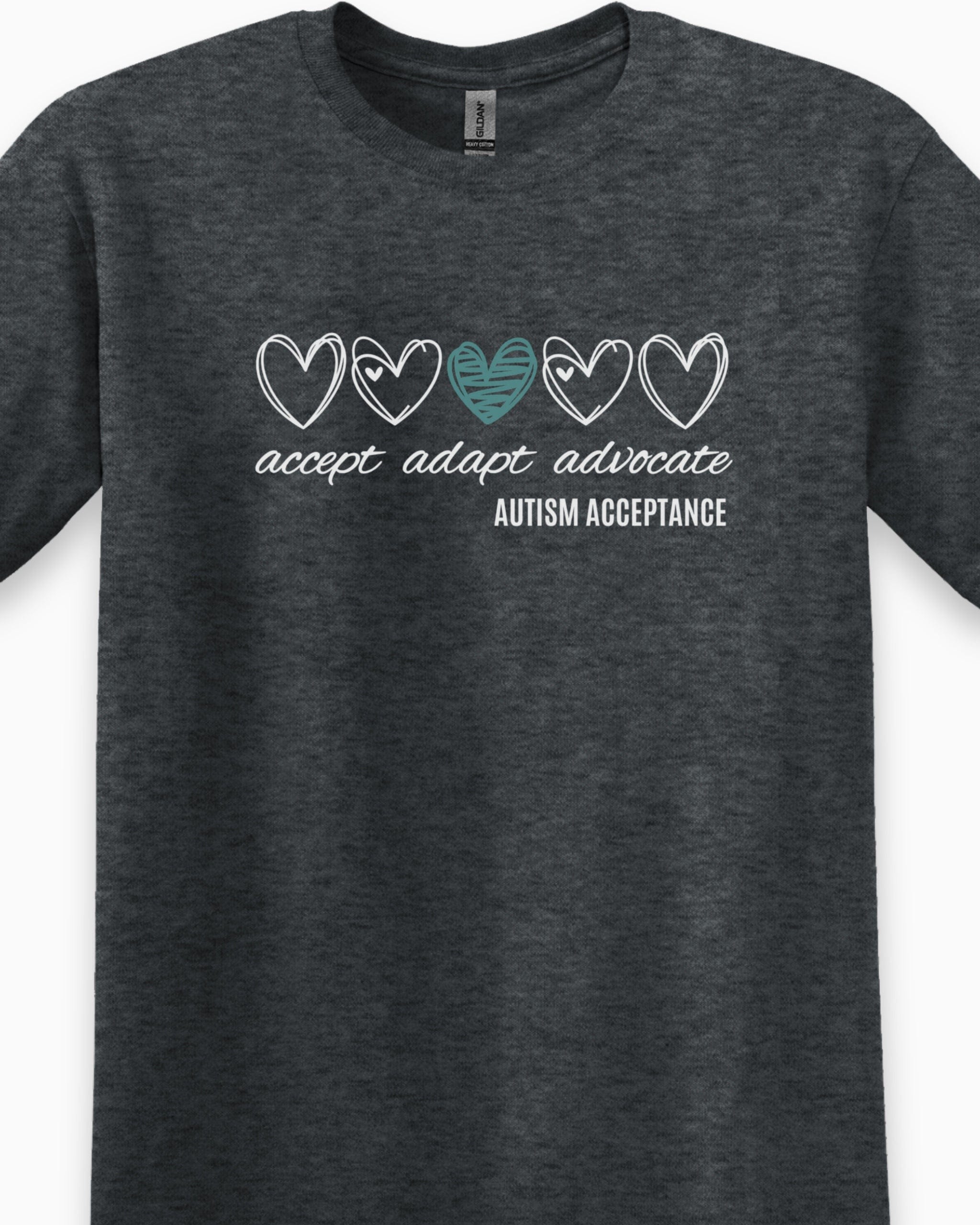 Accept Adapt Advocate Love Hearts Tee-Neurodiversity, ADHD & Autism Awareness & Acceptance T-Shirt by Daily Bloom