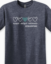 Accept Adapt Advocate Love Hearts Tee-Neurodiversity, ADHD & Autism Awareness & Acceptance T-Shirt by Daily Bloom