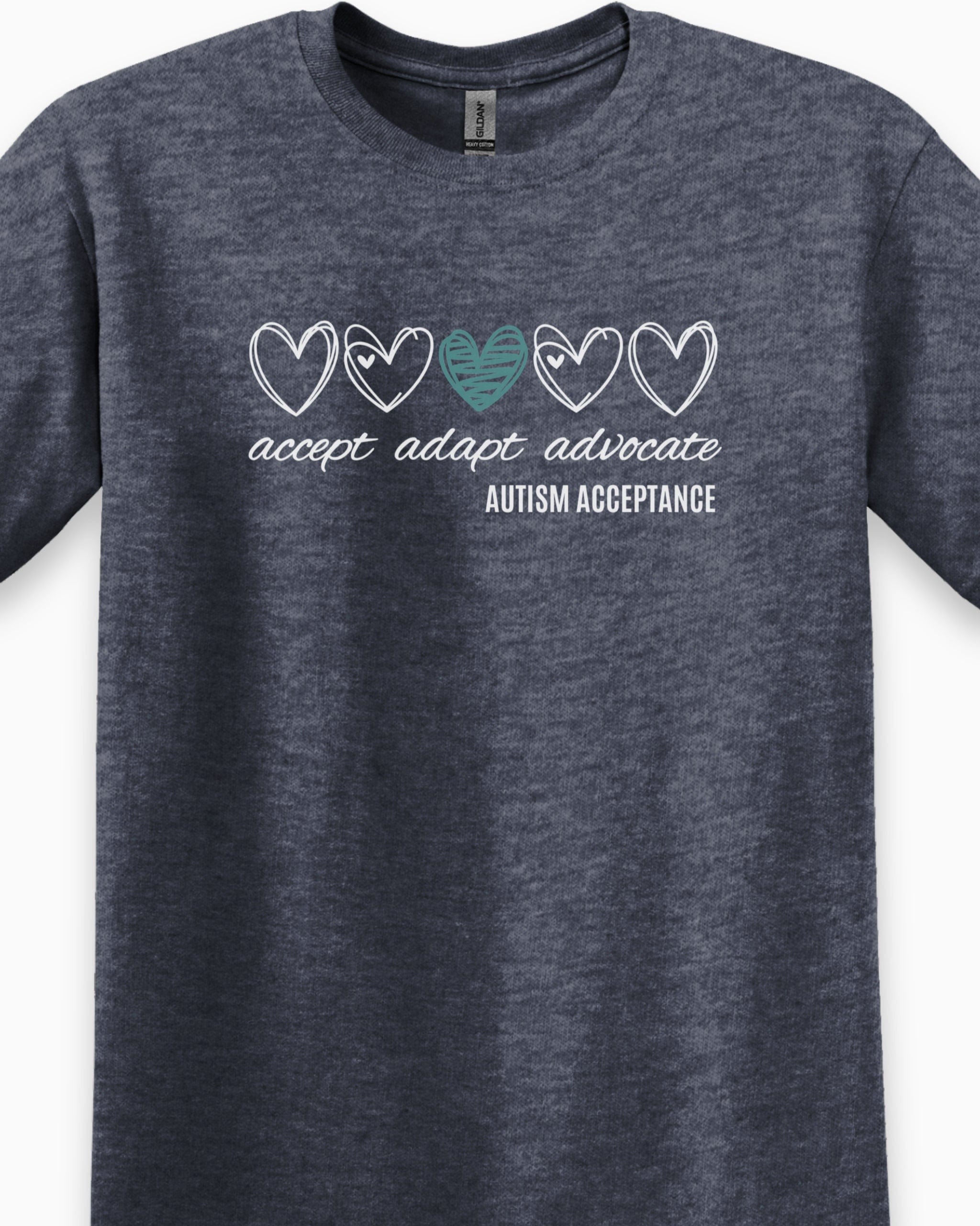 Accept Adapt Advocate Love Hearts Tee-Neurodiversity, ADHD & Autism Awareness & Acceptance T-Shirt by Daily Bloom