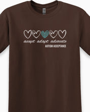 Accept Adapt Advocate Love Hearts Tee-Neurodiversity, ADHD & Autism Awareness & Acceptance T-Shirt by Daily Bloom