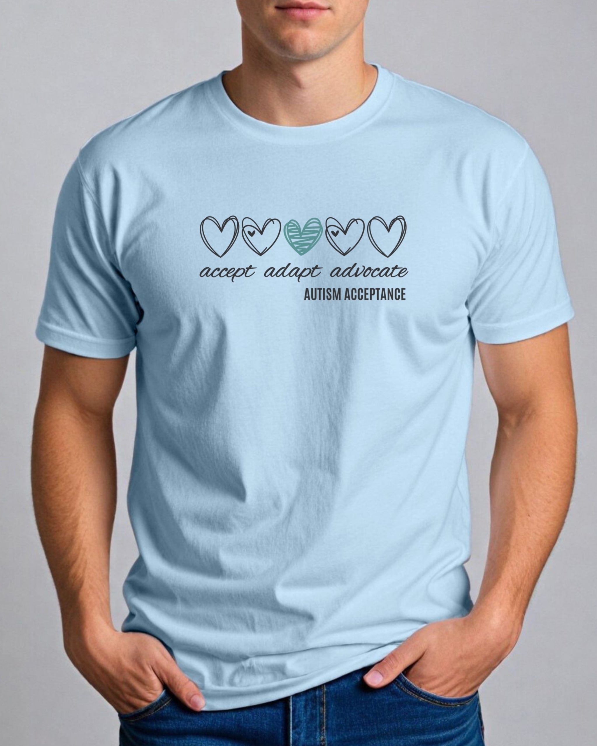 Accept Adapt Advocate Love Hearts Tee-Neurodiversity, ADHD & Autism Awareness & Acceptance T-Shirt by Daily Bloom