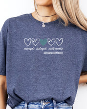 Accept Adapt Advocate Love Hearts Tee-Neurodiversity, ADHD & Autism Awareness & Acceptance T-Shirt by Daily Bloom