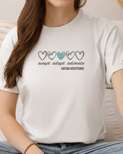 Accept Adapt Advocate Love Hearts Tee-Neurodiversity, ADHD & Autism Awareness & Acceptance T-Shirt by Daily Bloom
