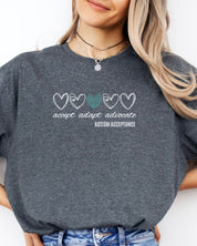 Accept Adapt Advocate Love Hearts Tee-Neurodiversity, ADHD & Autism Awareness & Acceptance T-Shirt by Daily Bloom